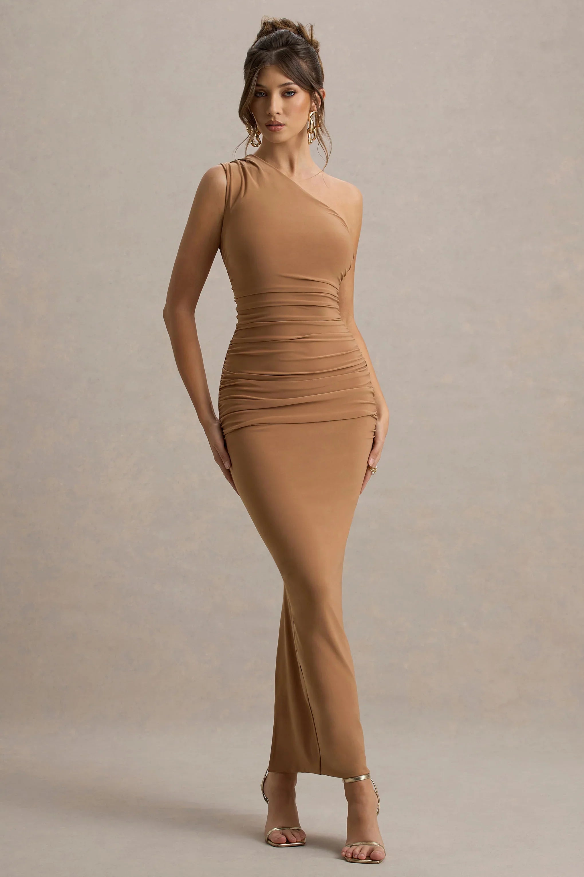 Dalarie Brown One Shoulder Gathered Maxi Dress