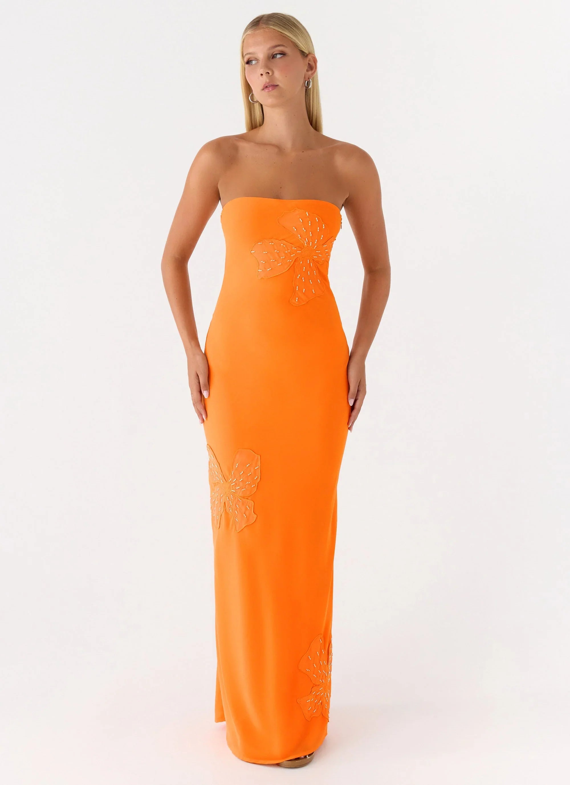 Sassafras Beaded Flower Strapless Maxi Dress Orange