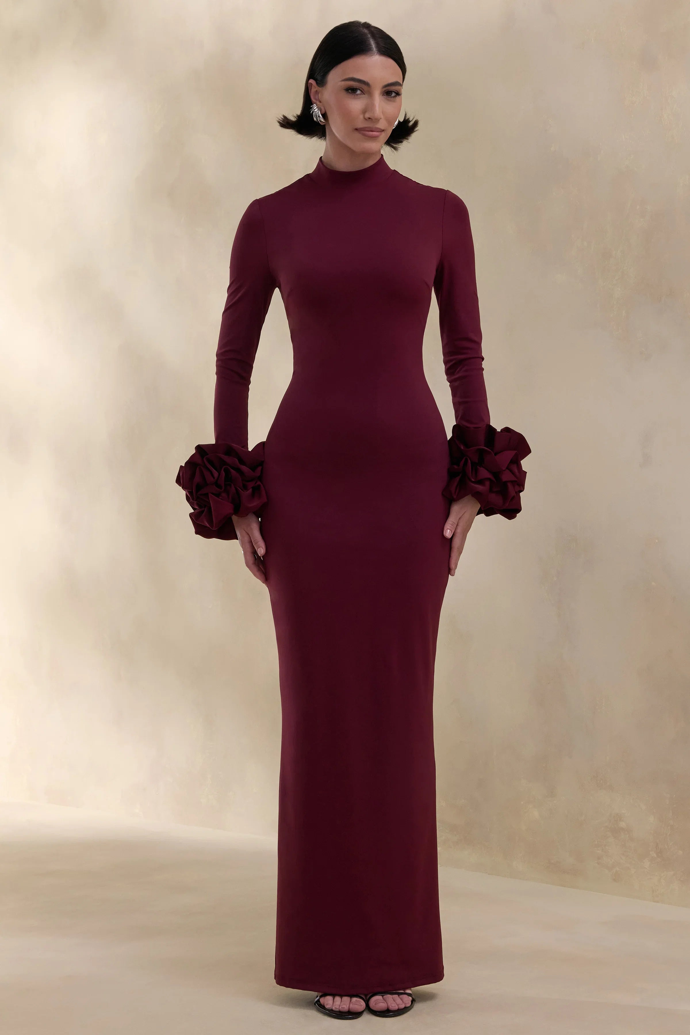 Jaselle Dark Plum High Neck Maxi Dress With Ruffled Satin Cuffs