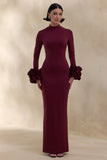 Jaselle Dark Plum High Neck Maxi Dress With Ruffled Satin Cuffs