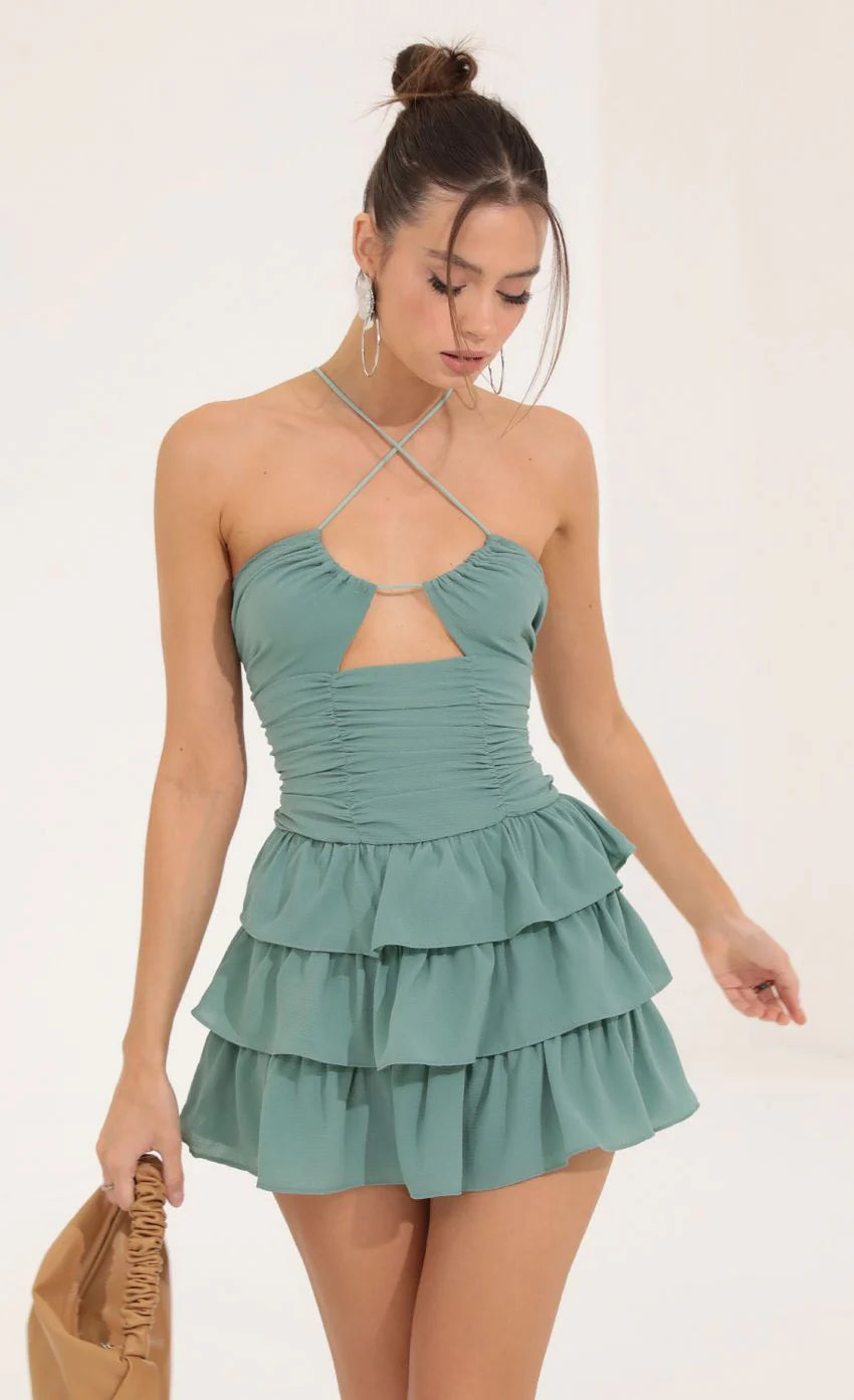 Crepe Ruffle Dress in Green