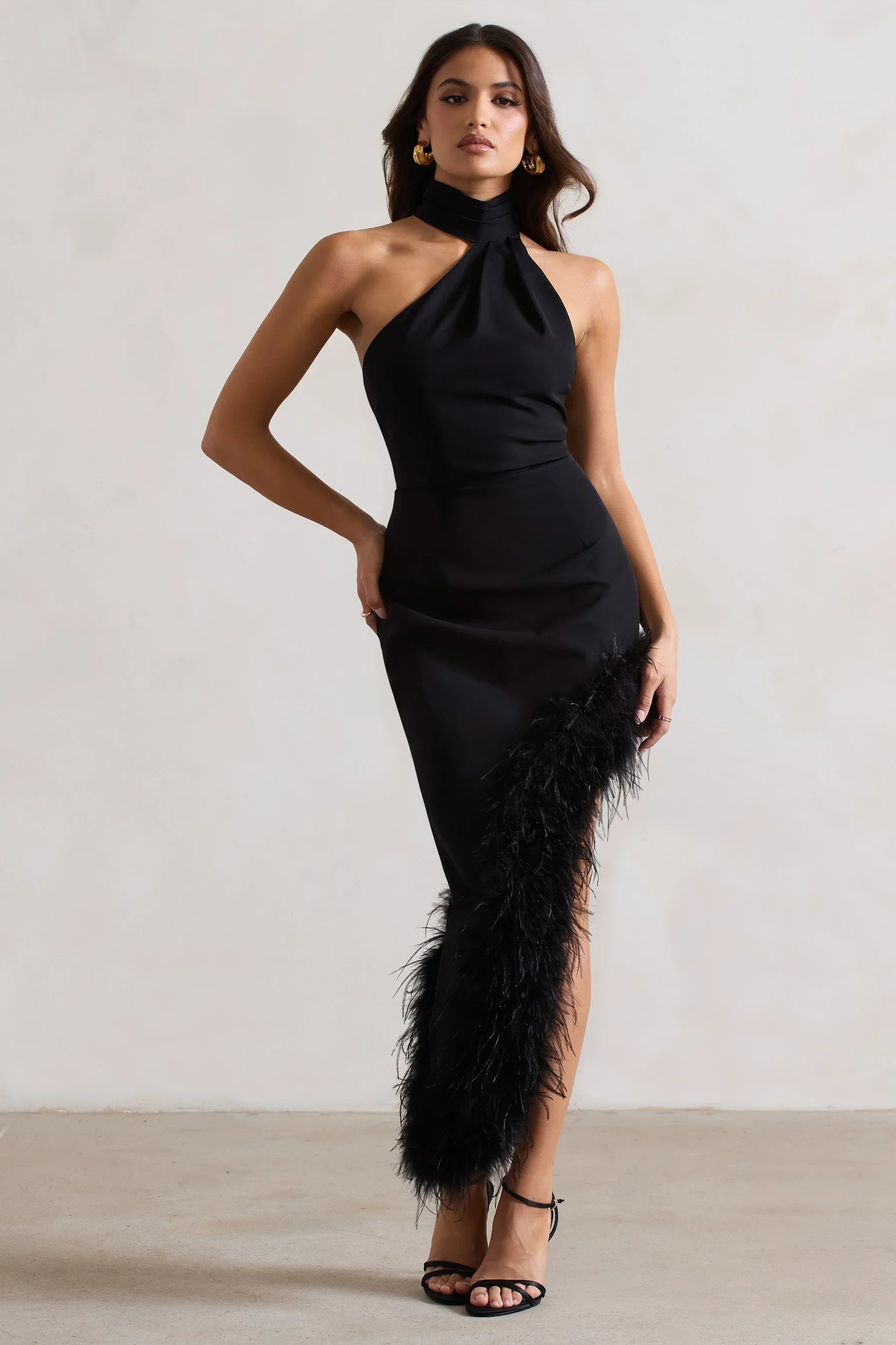 Brilliance Black Asymmetric Maxi Dress With Feather Trim