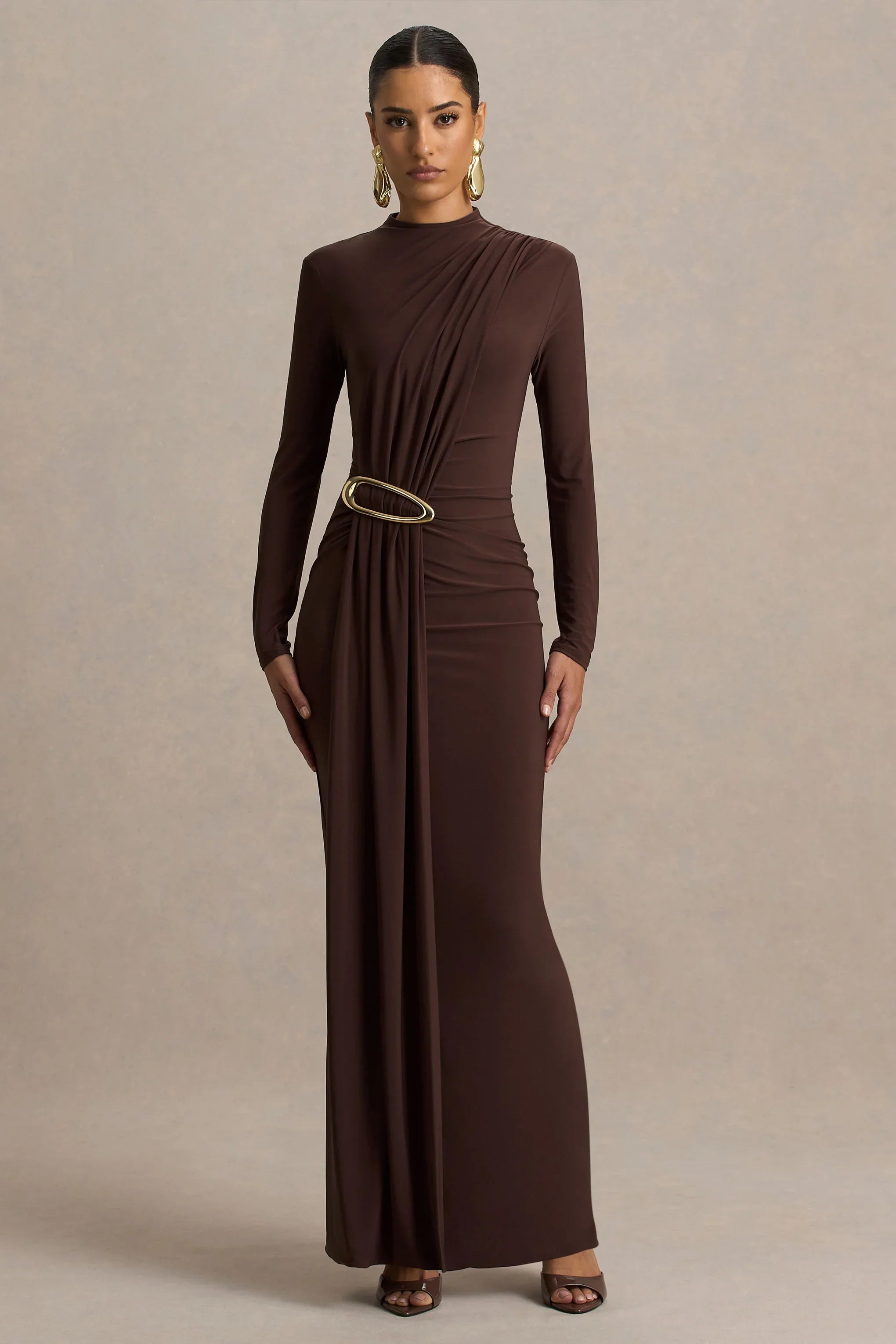 Zadie Brown High Neck Maxi Dress With Gathered Detail