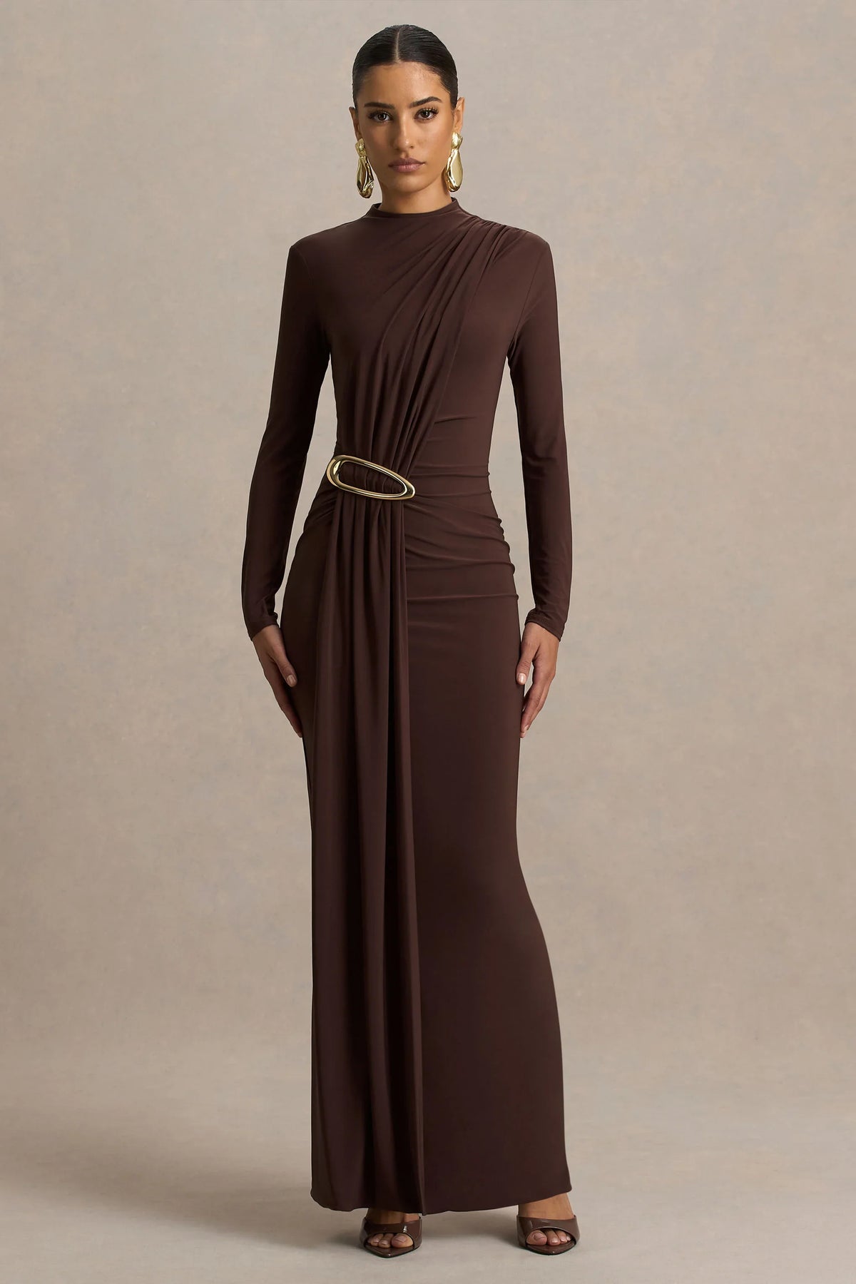 Zadie Brown High Neck Maxi Dress With Gathered Detail