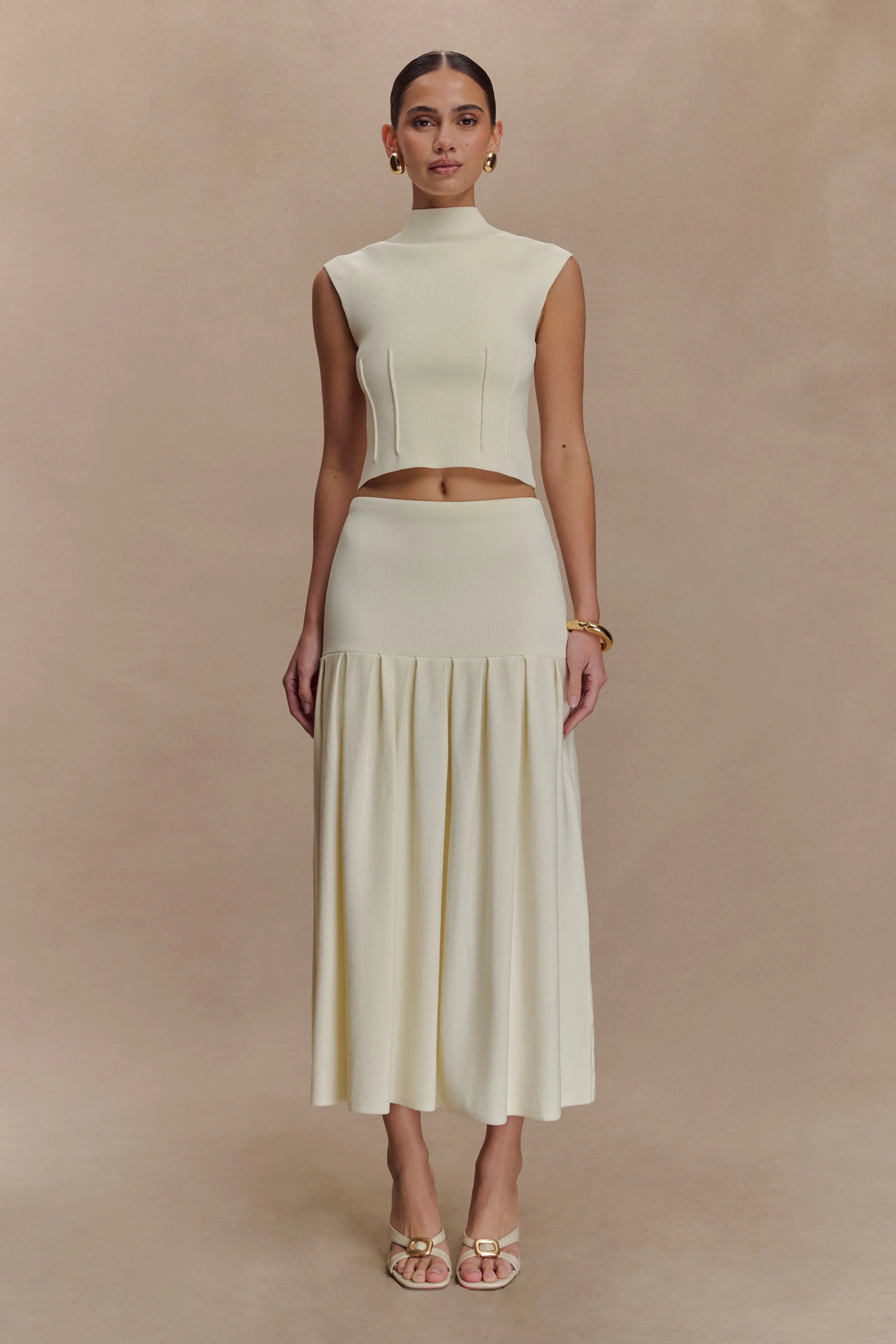 Romaine High Neck Bandage Knit Top Ivory