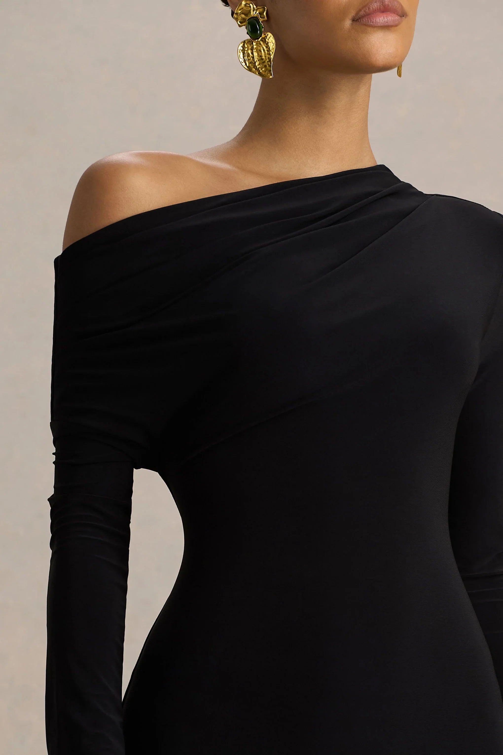 Isola Black Asymmetric Neck Midi Dress With Hanky Hem