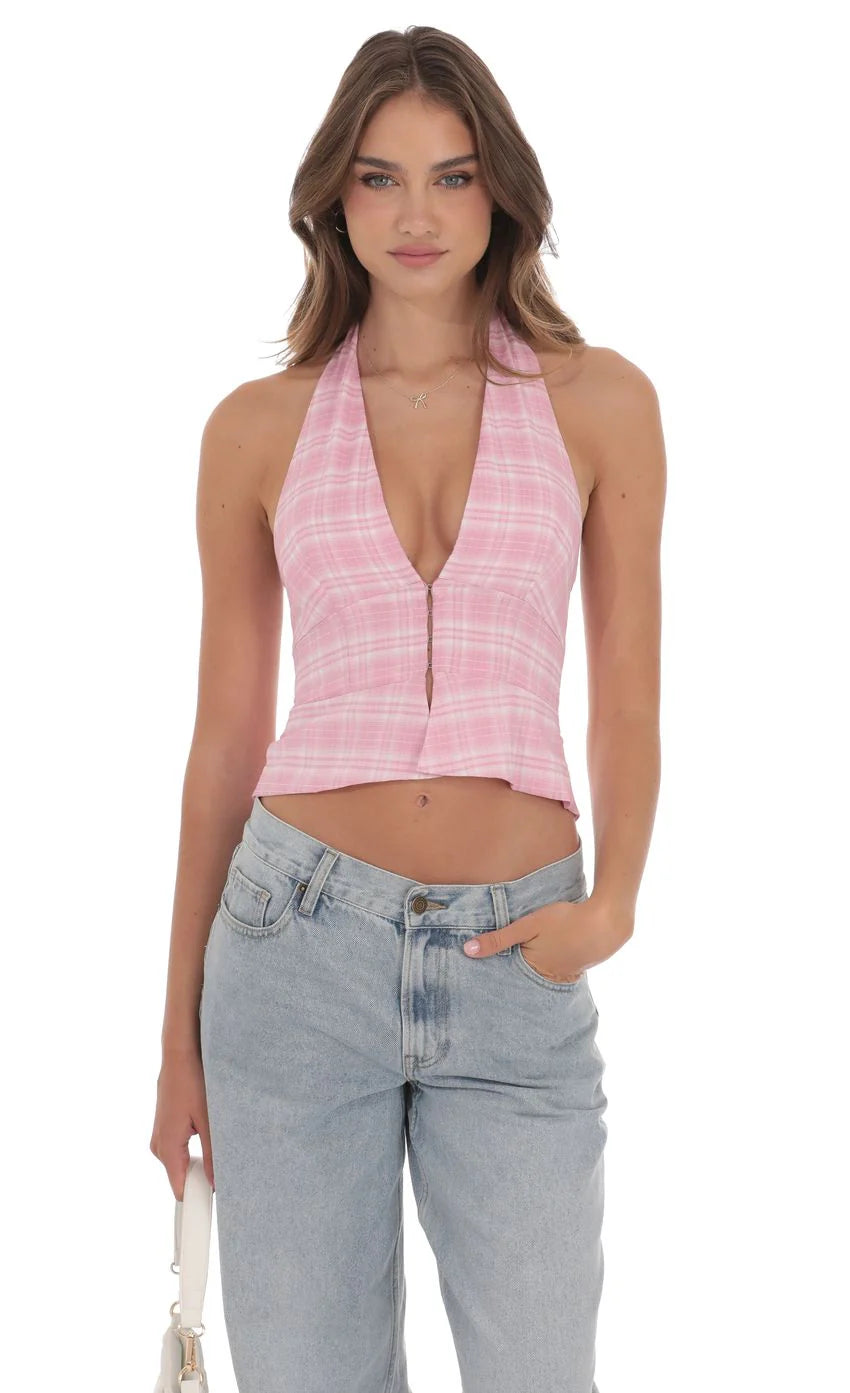Plaid V Neck Halter Top in Pink