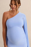 Shanae Light Blue Asymmetric Neck Maternity Maxi Dress With Cape Sleeve And Gathered Detailing