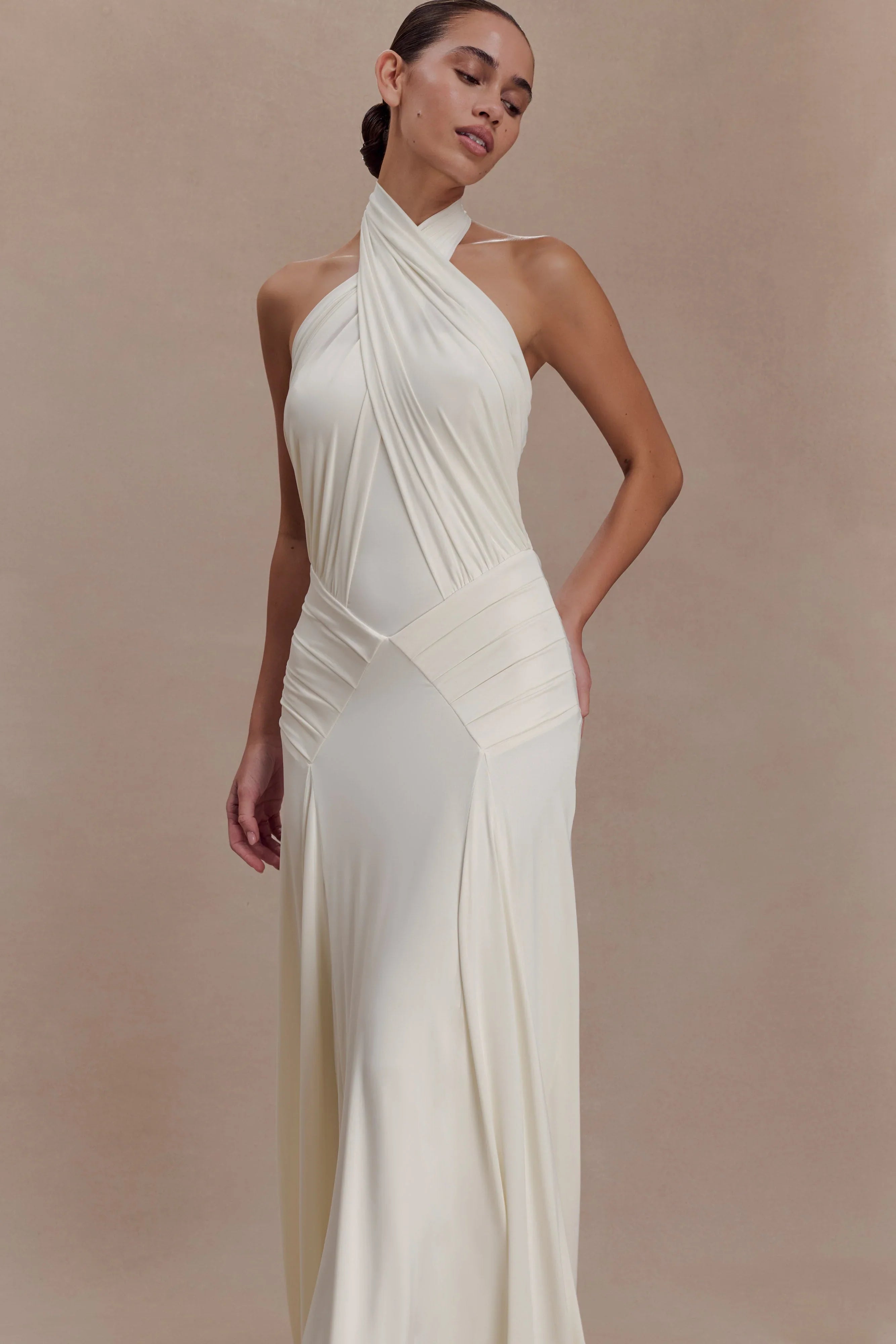 Indira Gathered Slinky Halter Maxi Dress Ivory