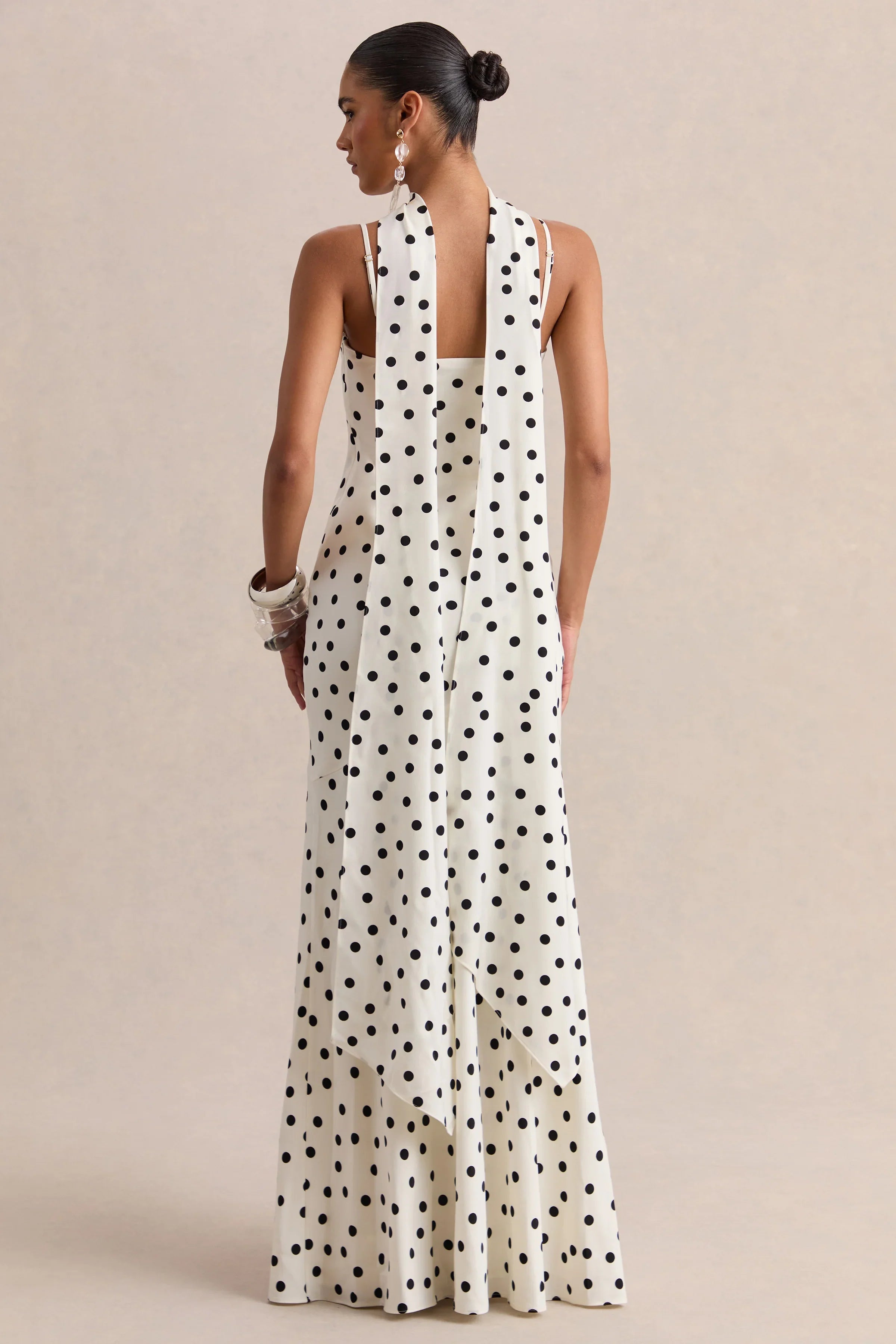 Starling White Black Polka Dot Matte Satin Plunge Neck Maxi Dress With Scarf Detail