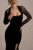 Apres Black Velvet Bodycon Split Maxi Dress With Sheer Sleeves