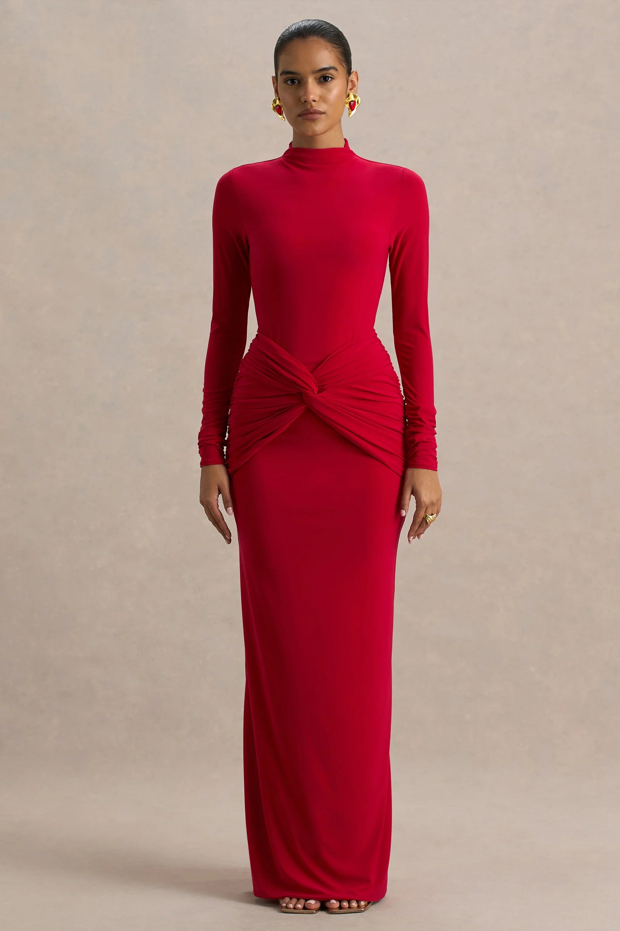 Alula Red High Neck Maxi Dress With Twist Detail