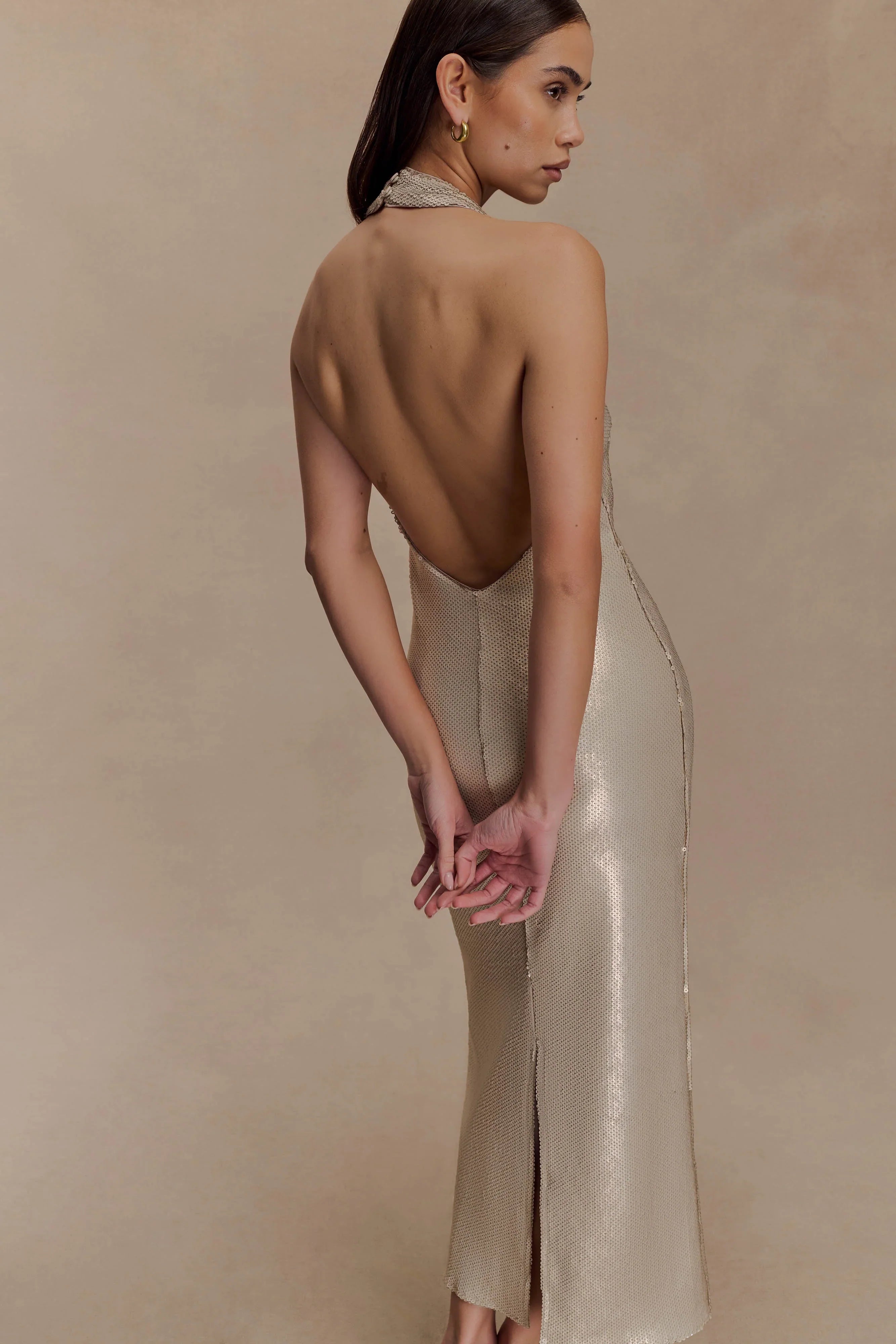 Carnation Sequin Halter Midi Dress Gold