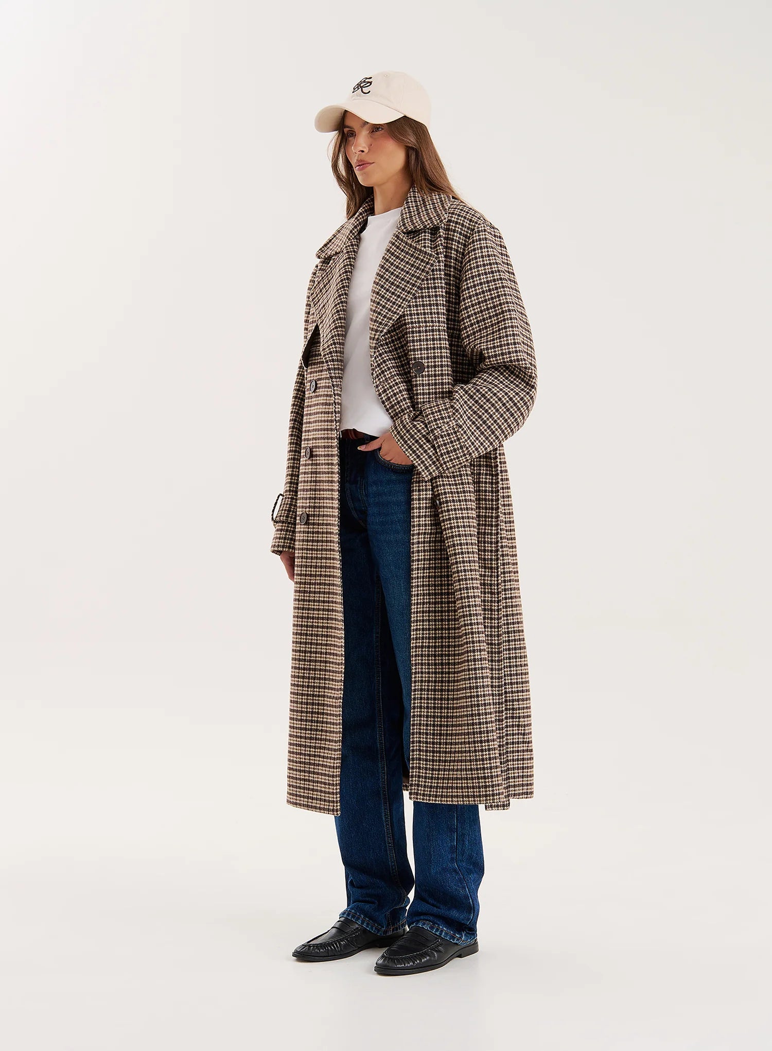 Brown Checked Belted Wool Blend Trench Coat