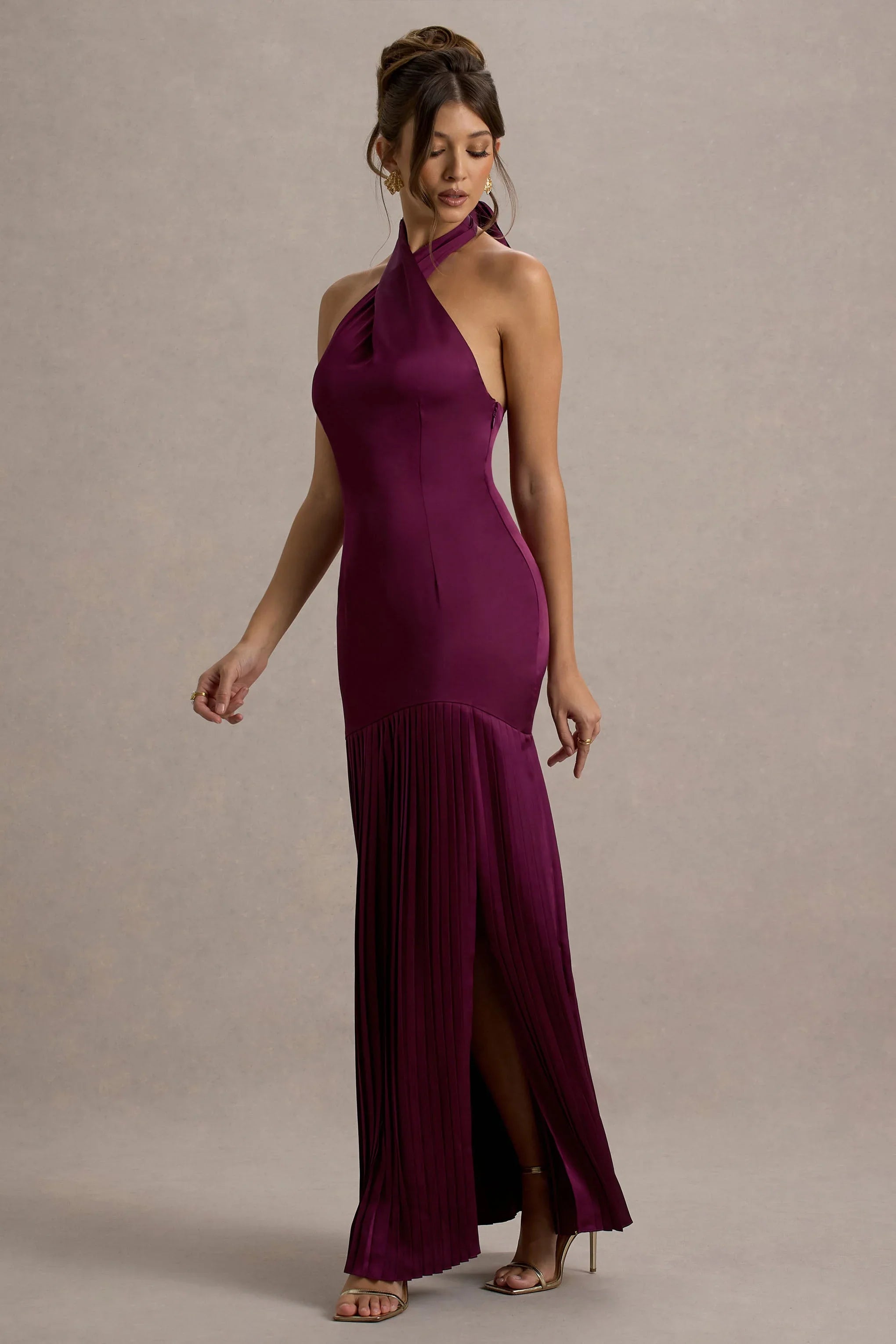 Sansa Burgundy Satin Cross Halter Neck Plisse Maxi Dress