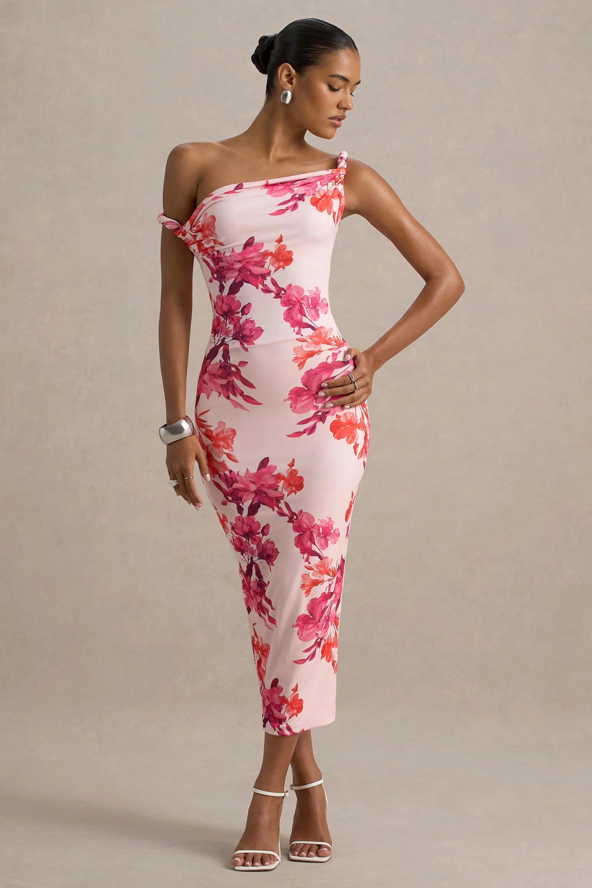 Tatian Pink and Orange Floral Print Twisted Asymmetric Midi Dress