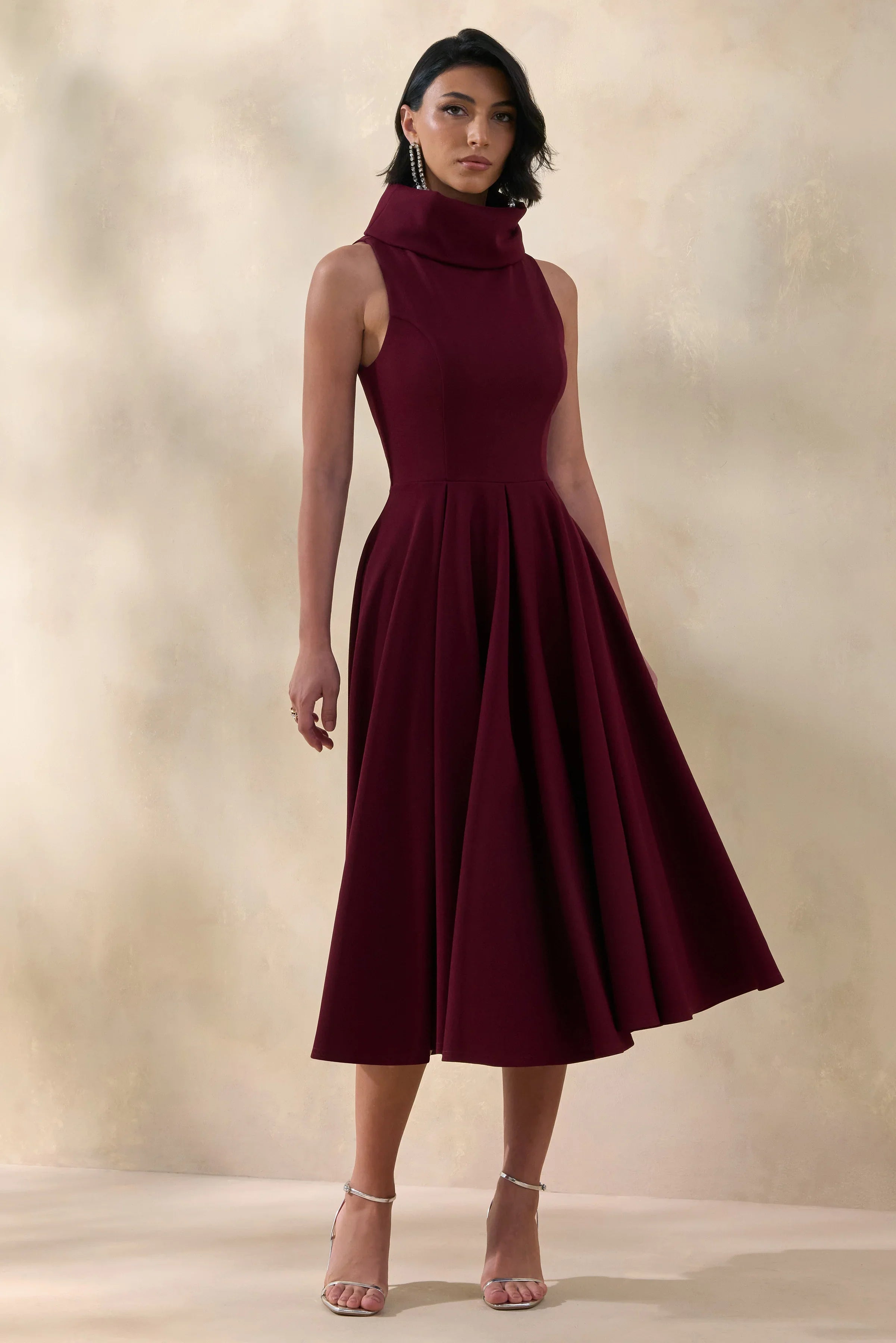 Exclusivity Burgundy High Neck Midi Dress