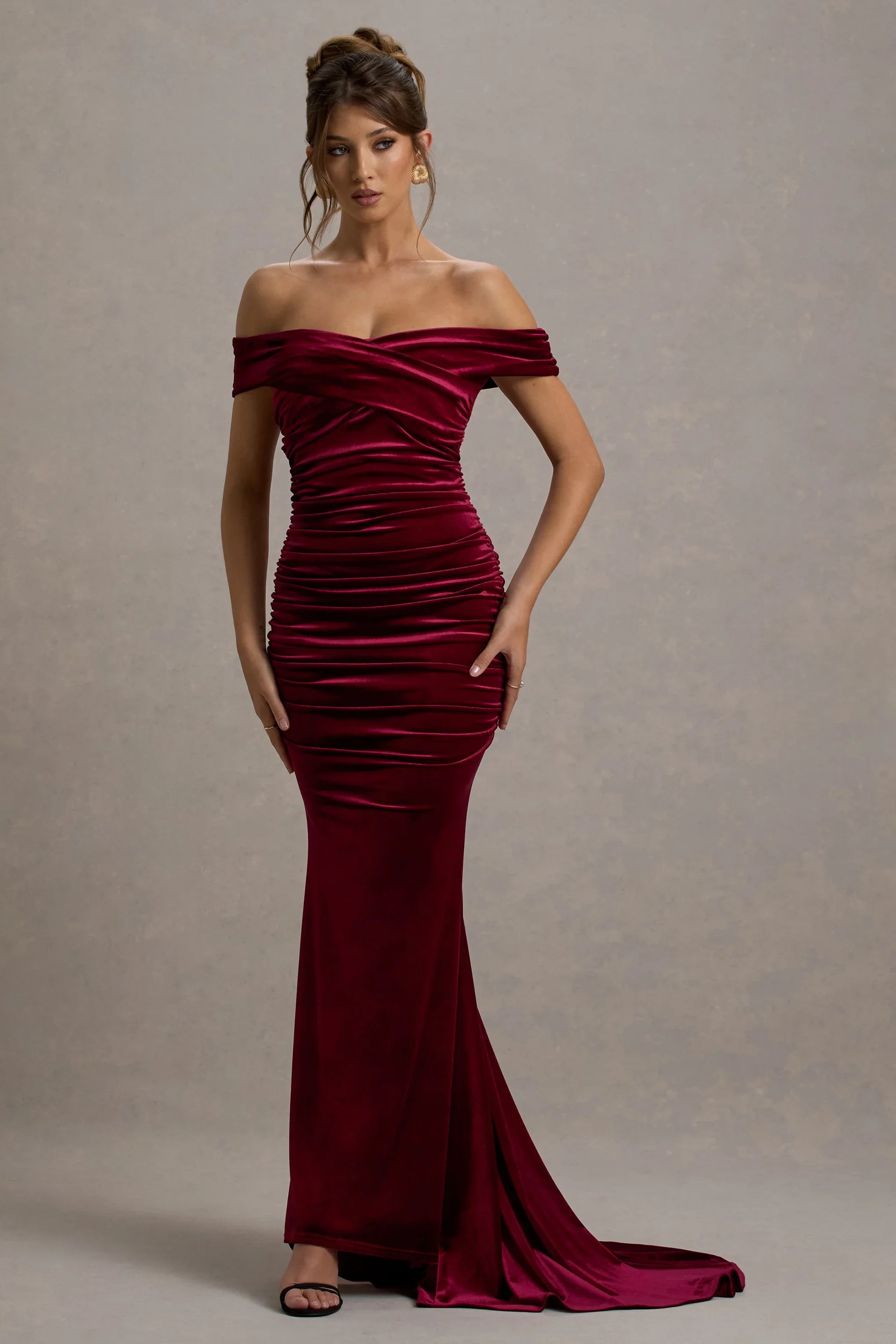 Apolline Berry Velvet Off The Shoulder Ruched Fishtail Maxi Dress