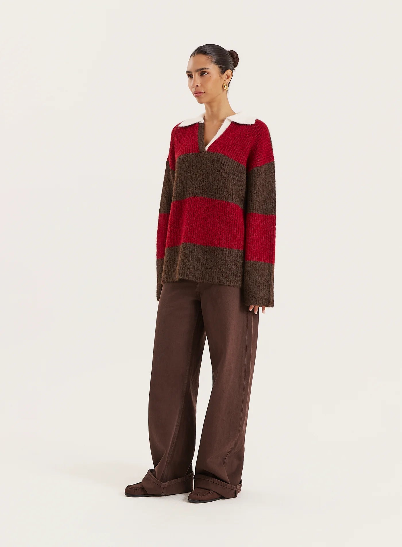 Red And Brown Striped Knitted Polo Jumper