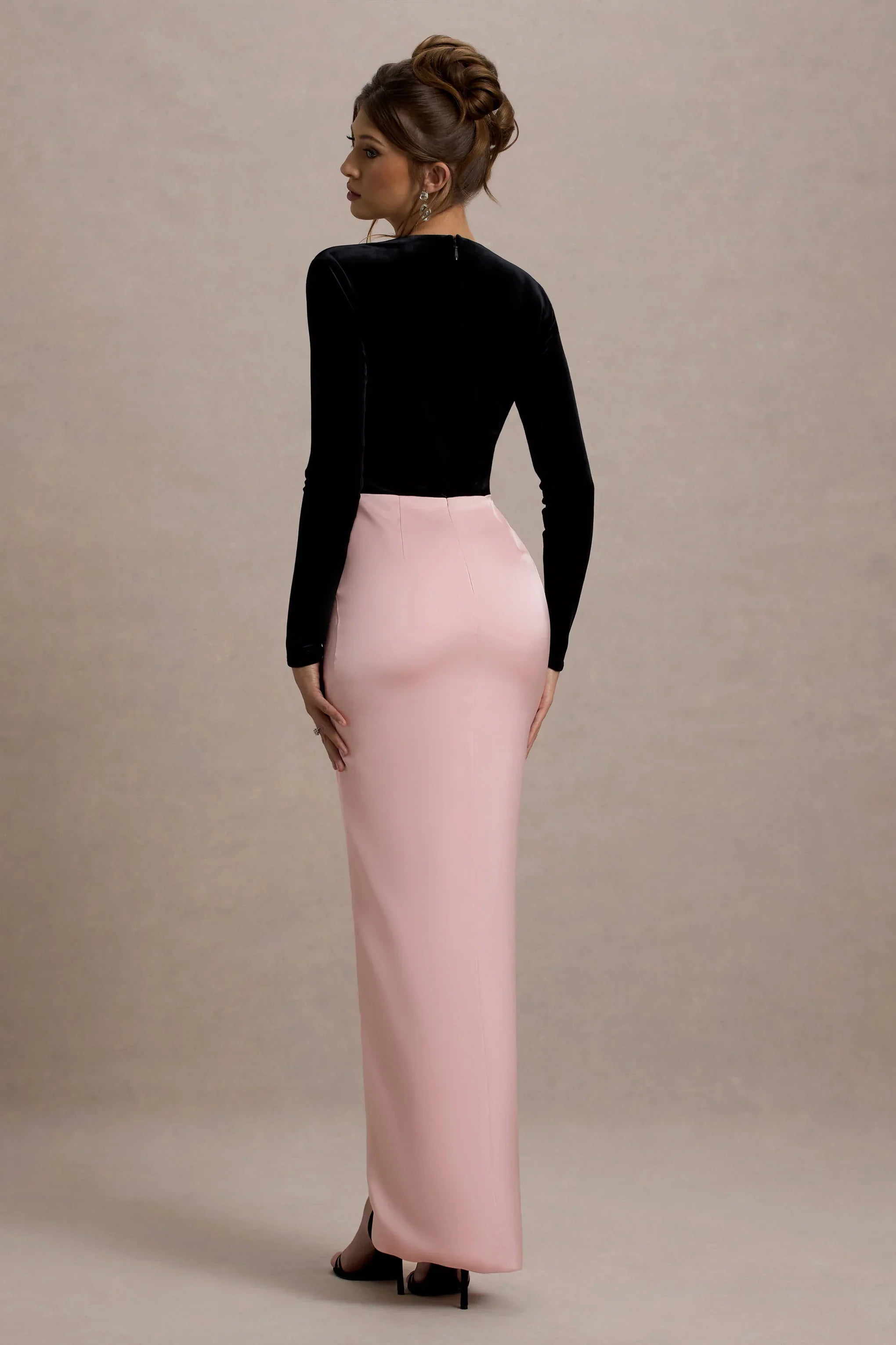 Love Spell Black Velvet Plunge Neck Maxi Dress With Pink Satin Skirt