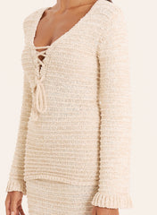 Beige Knitted Long Sleeve Tie Front Top