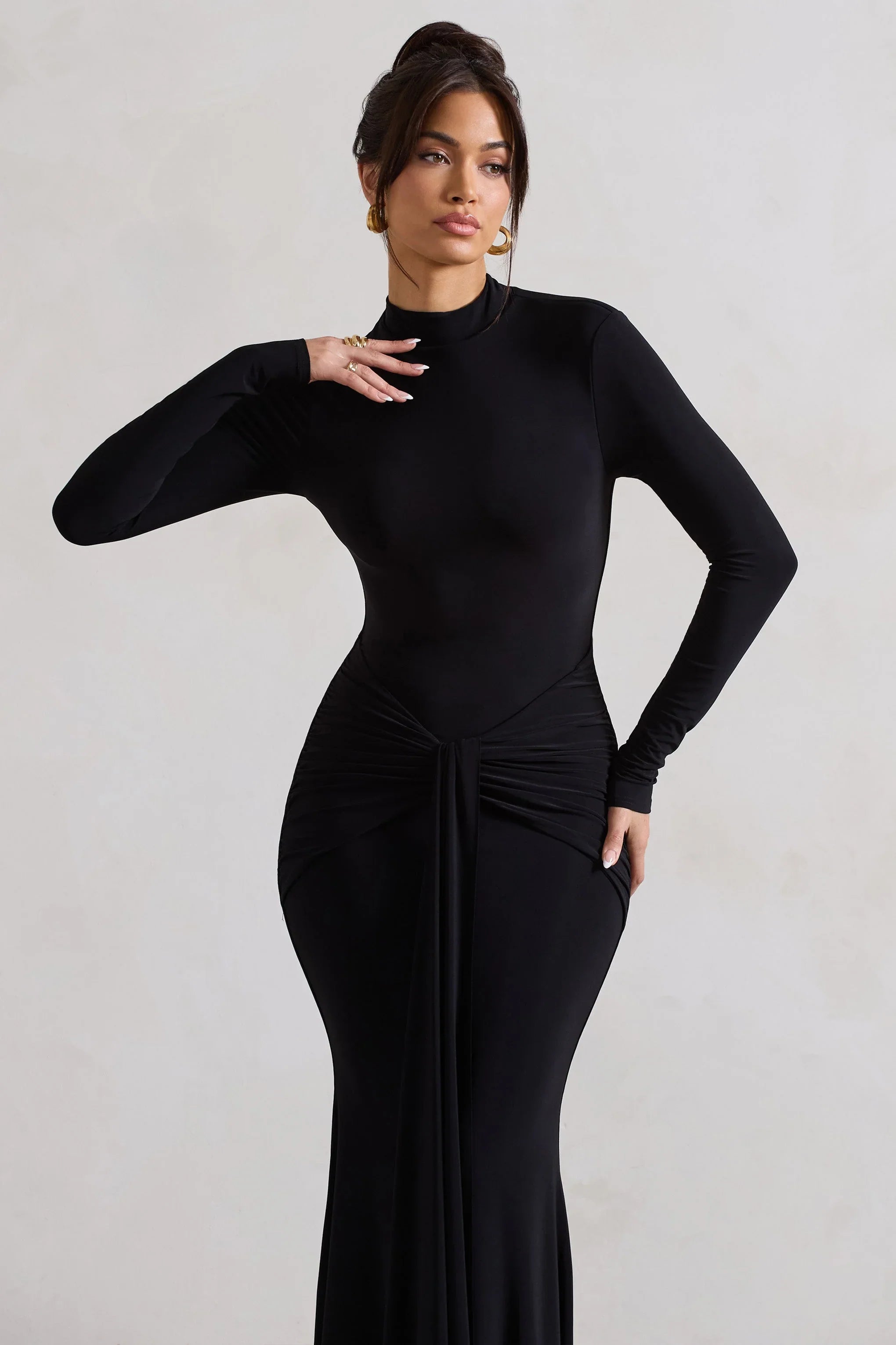 Pietra Black High Neck Long Sleeve Knot Maxi Dress