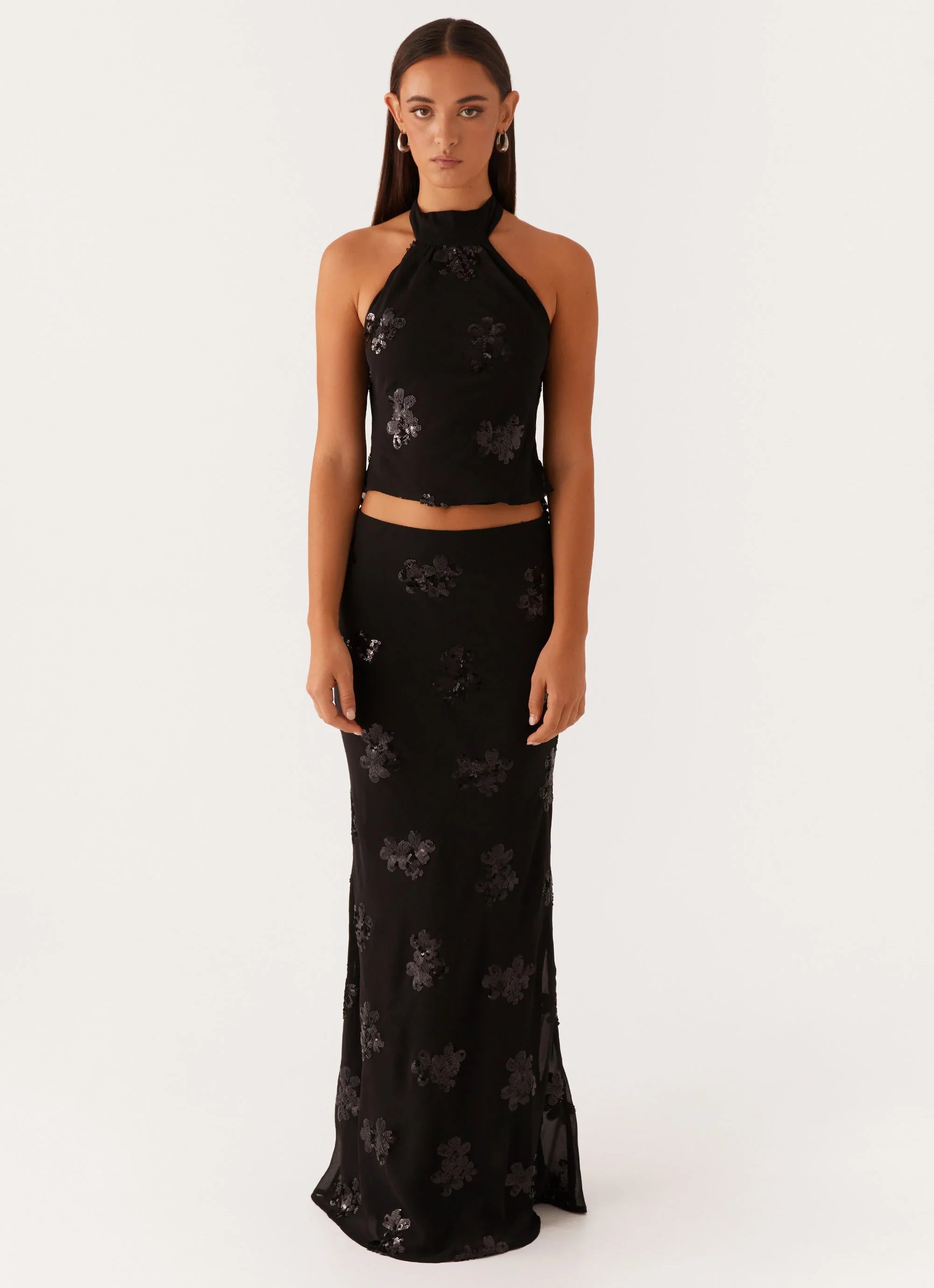 Only Girl Sequin Maxi Skirt Black