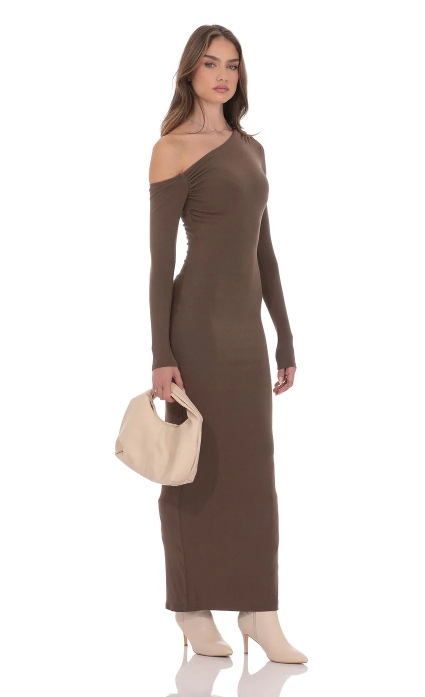Off Shoulder Long Sleeve Maxi Dress in Brown