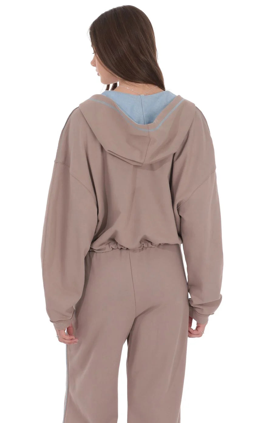 Two Toned Cropped Hoodie in Taupe