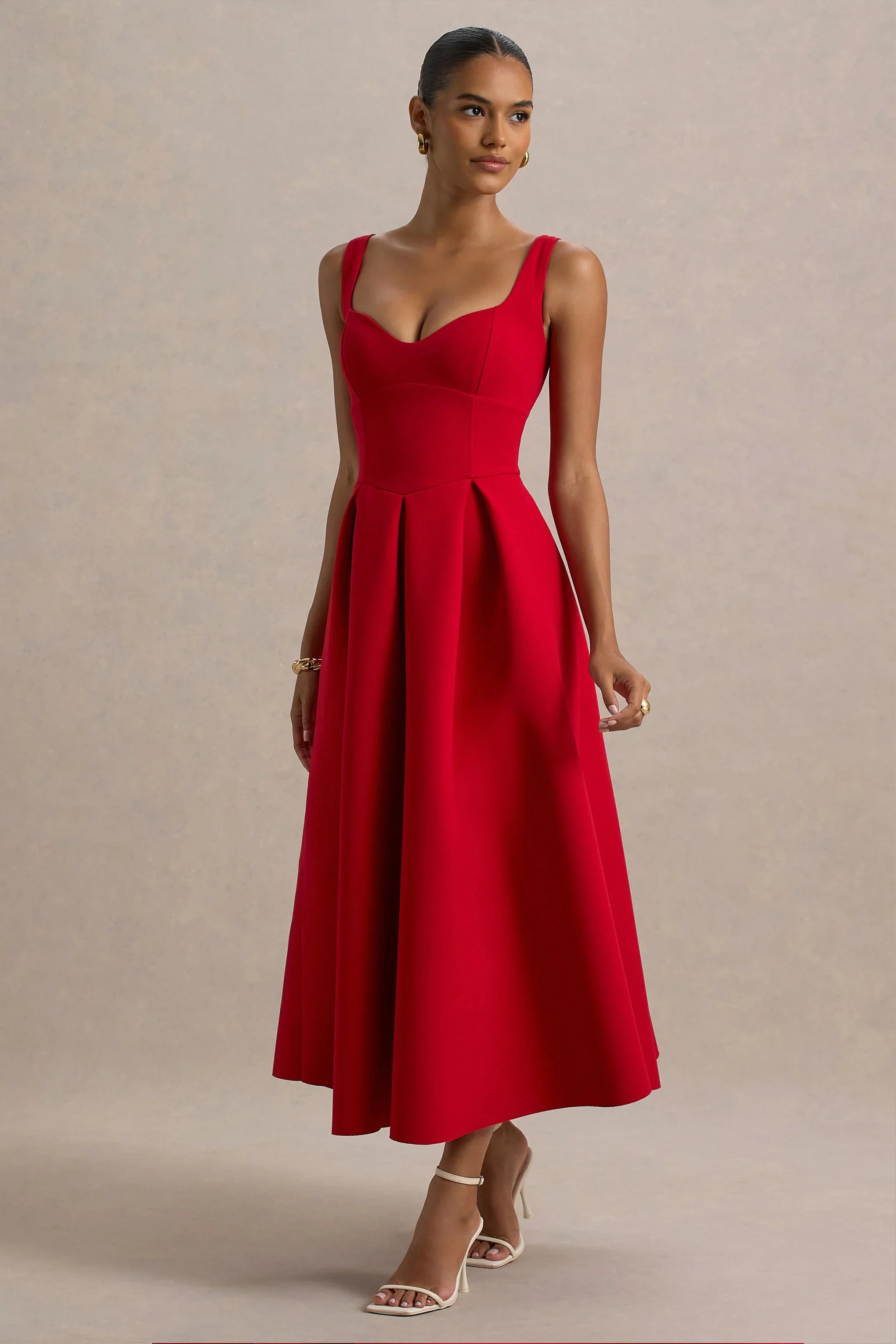 Rosemary Red Sweetheart Neck Midi Dress