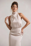 Geena Champagne Satin Twisted High Neck Midi Dress