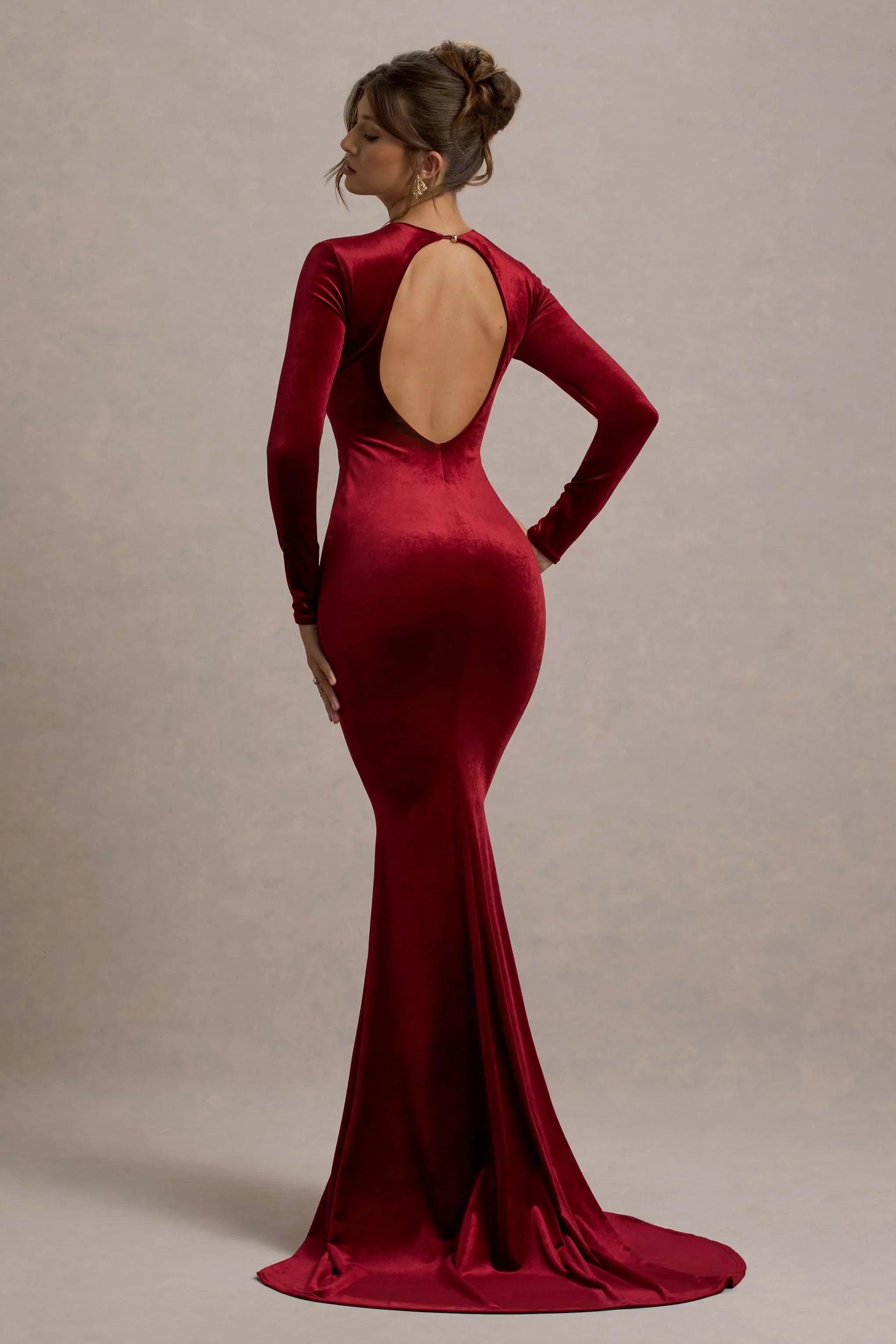 Keaton Berry Velvet Long Sleeve Open Back Maxi Dress