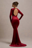 Keaton Berry Velvet Long Sleeve Open Back Maxi Dress