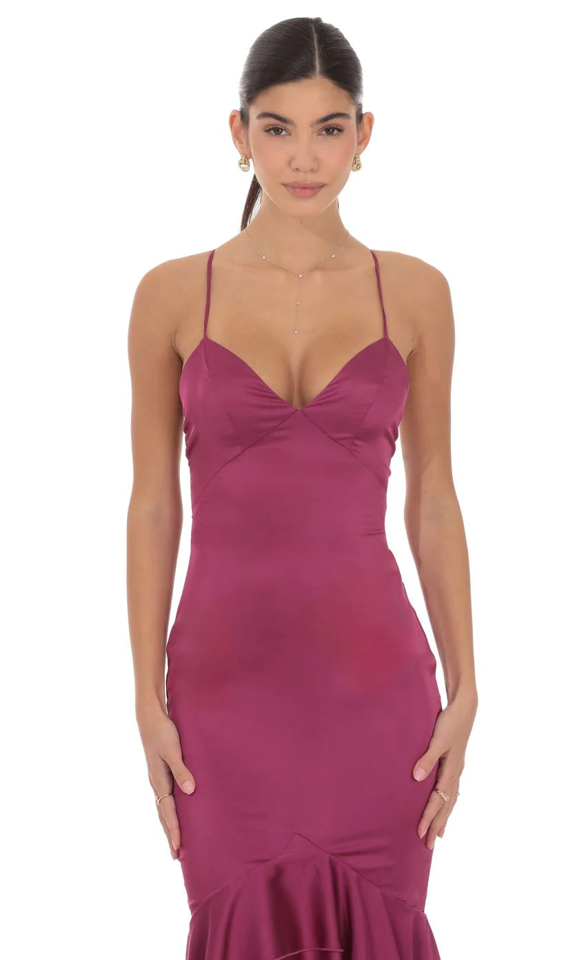 Satin Ruffle Fishtail Maxi Dress in Magenta