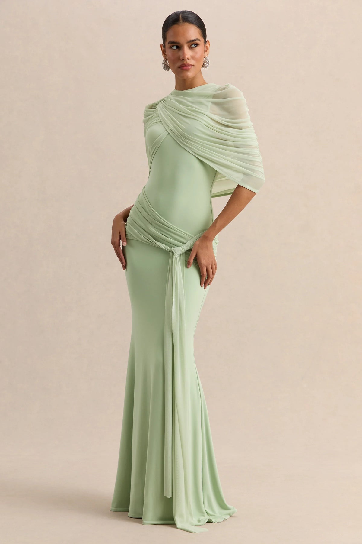 Mirene Mint Round Neck Maxi Dress With Gathered Detailing And Sash