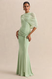Mirene Mint Round Neck Maxi Dress With Gathered Detailing And Sash