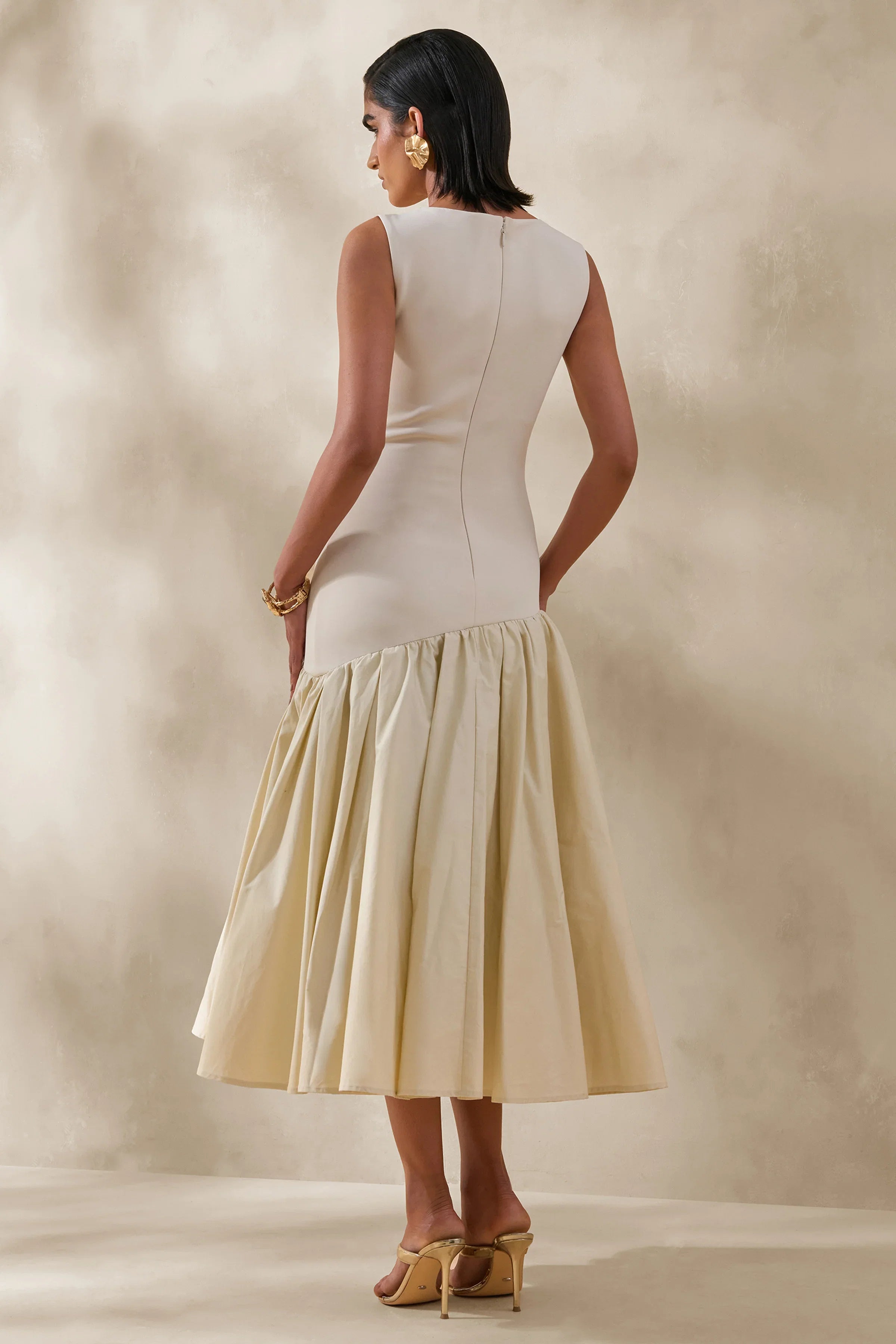 Fantasia Cream Boat Neck Midi Dress With Asymmetric Drop Waist