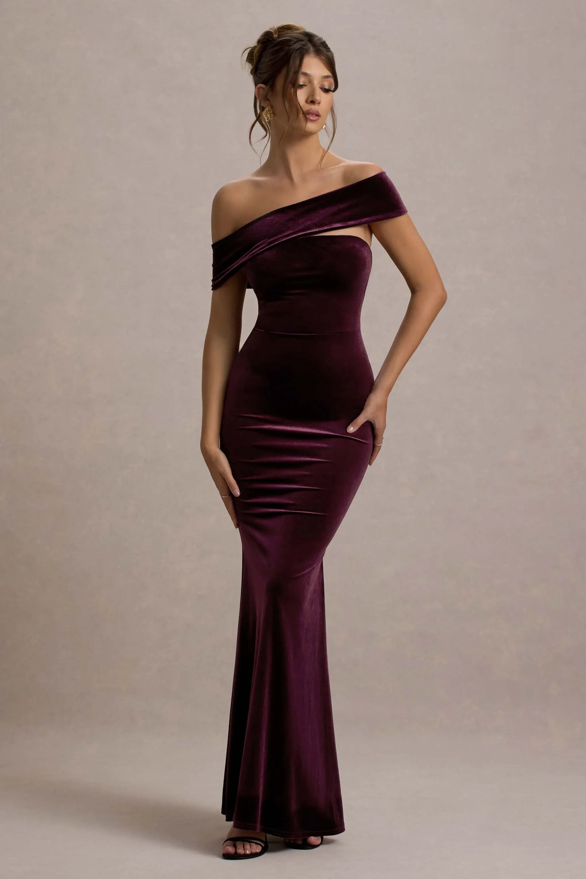Candela Port Velvet Asymmetric Bardot Maxi Dress