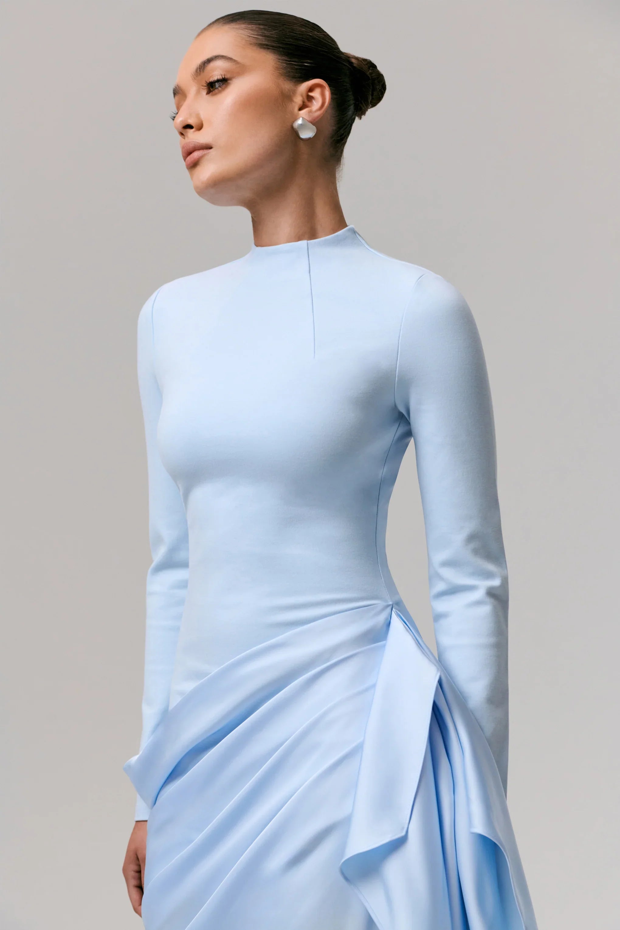 Raffie Powder Blue Long Sleeve Midi Dress With Satin Wrap Skirt