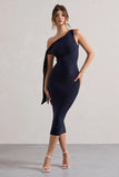 Adapt Navy Asymmetric Midi Dress With Tie Sleeve