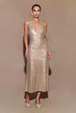 Genie Diamante Halter Midi Dress Nude
