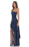 Foil Mesh Asymmetrical High Low Maxi Dress in Navy