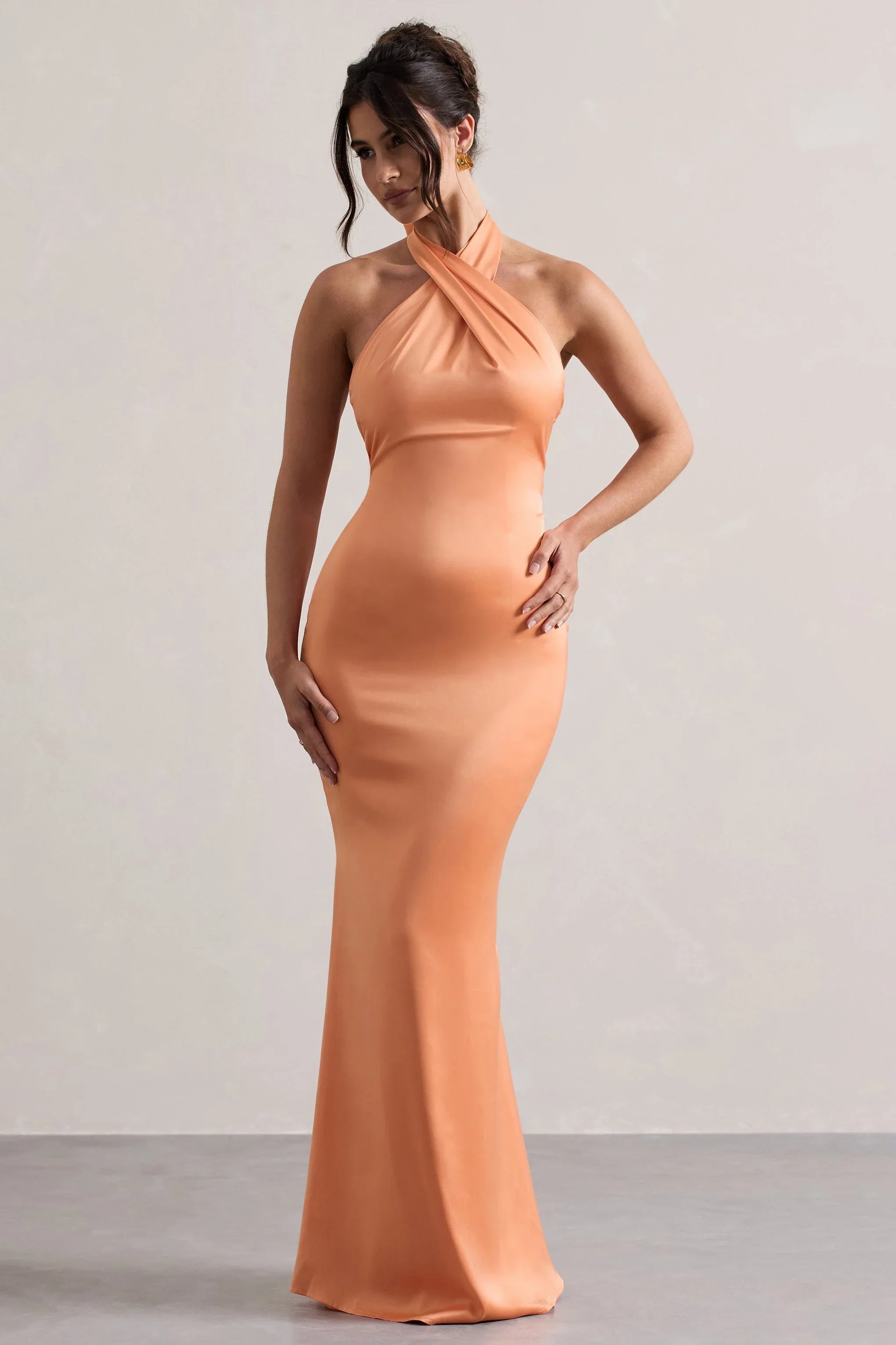 Unbeatable Peach Satin Cross Over Halter Neck Maxi Dress