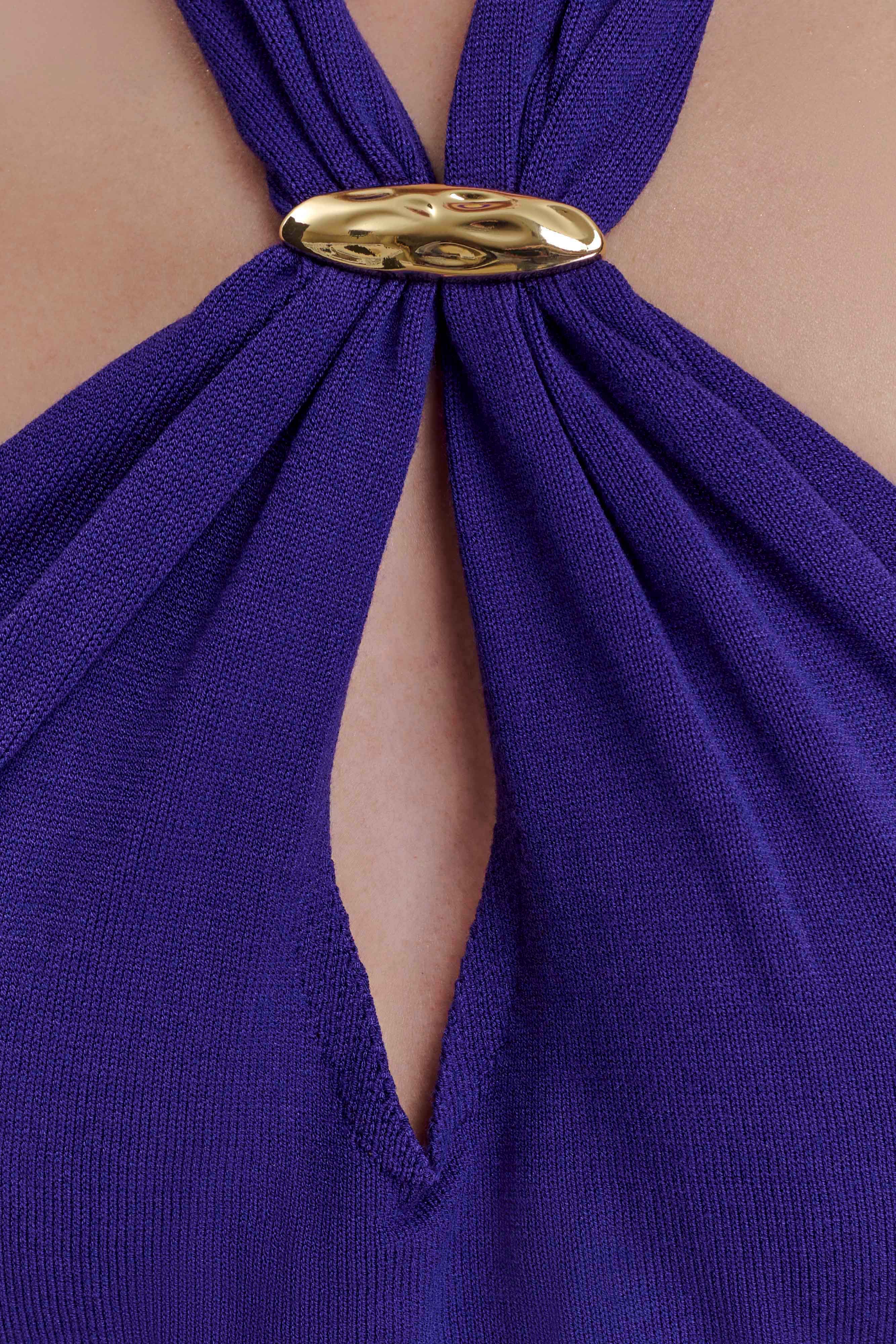 Ozias Halter Semi Sheer Knit Maxi Dress Deep Purple