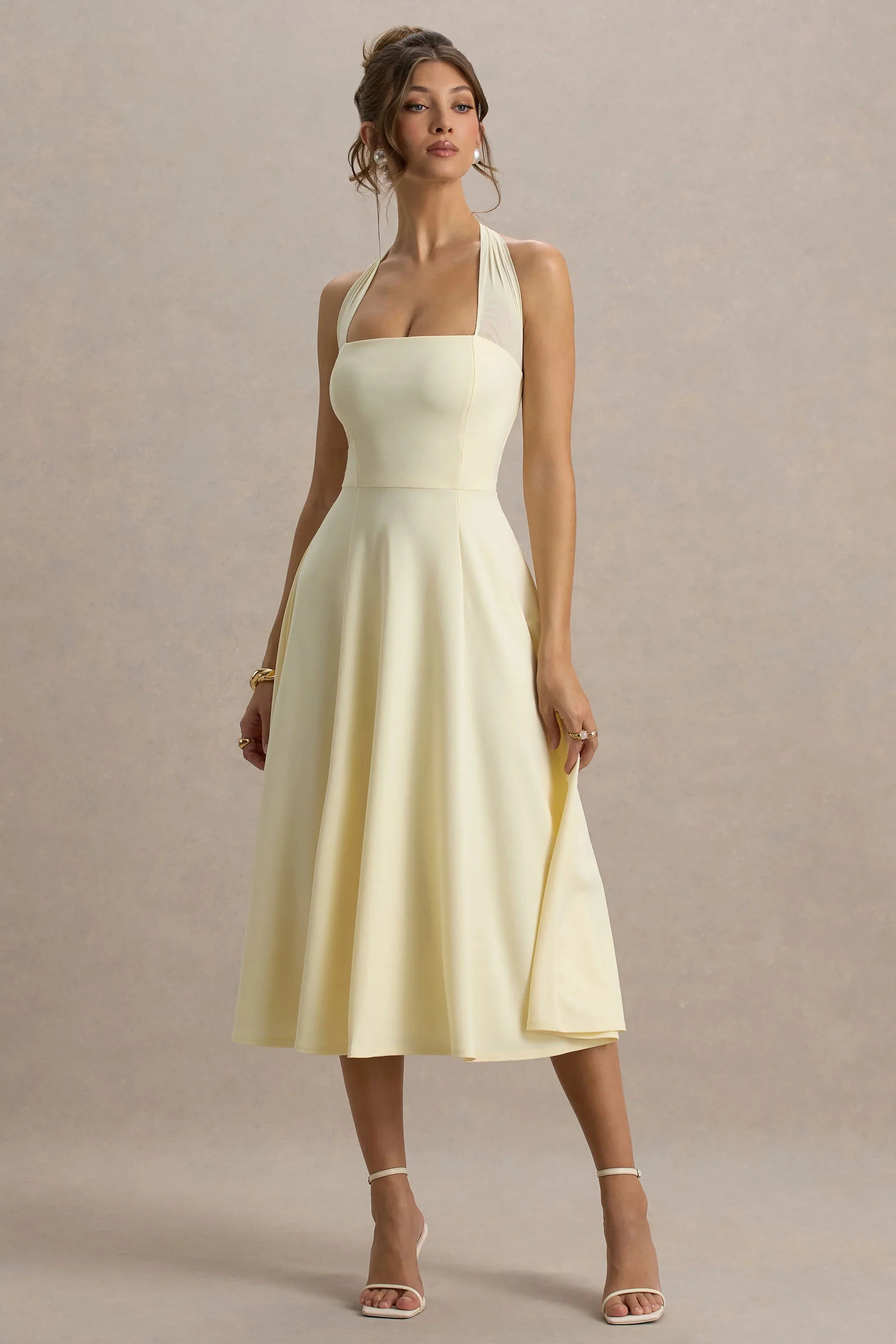 Auburn Pale Lemon Halter Neck Midi Dress