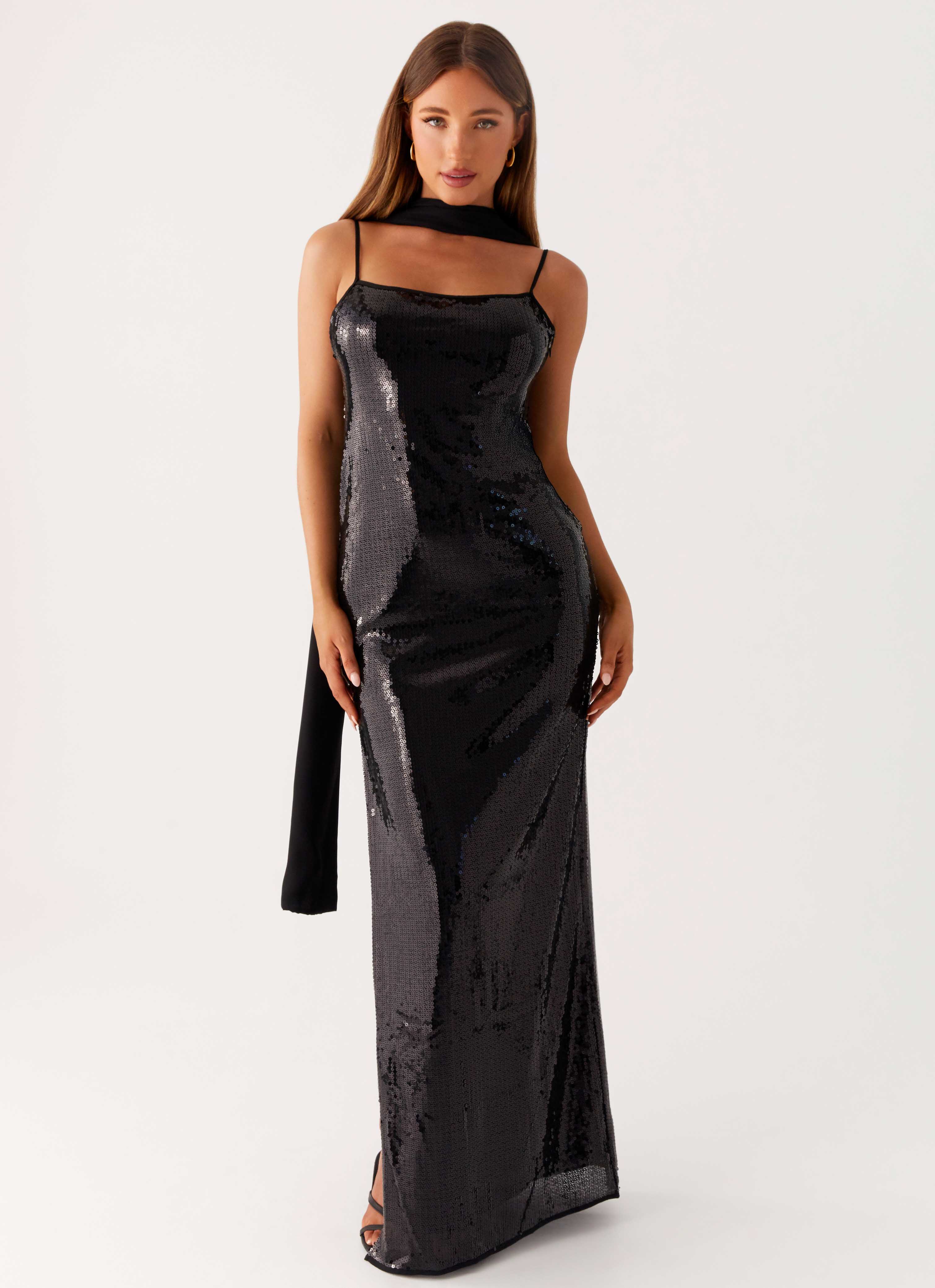Scarf Neck Sequins Maxi Dress Black