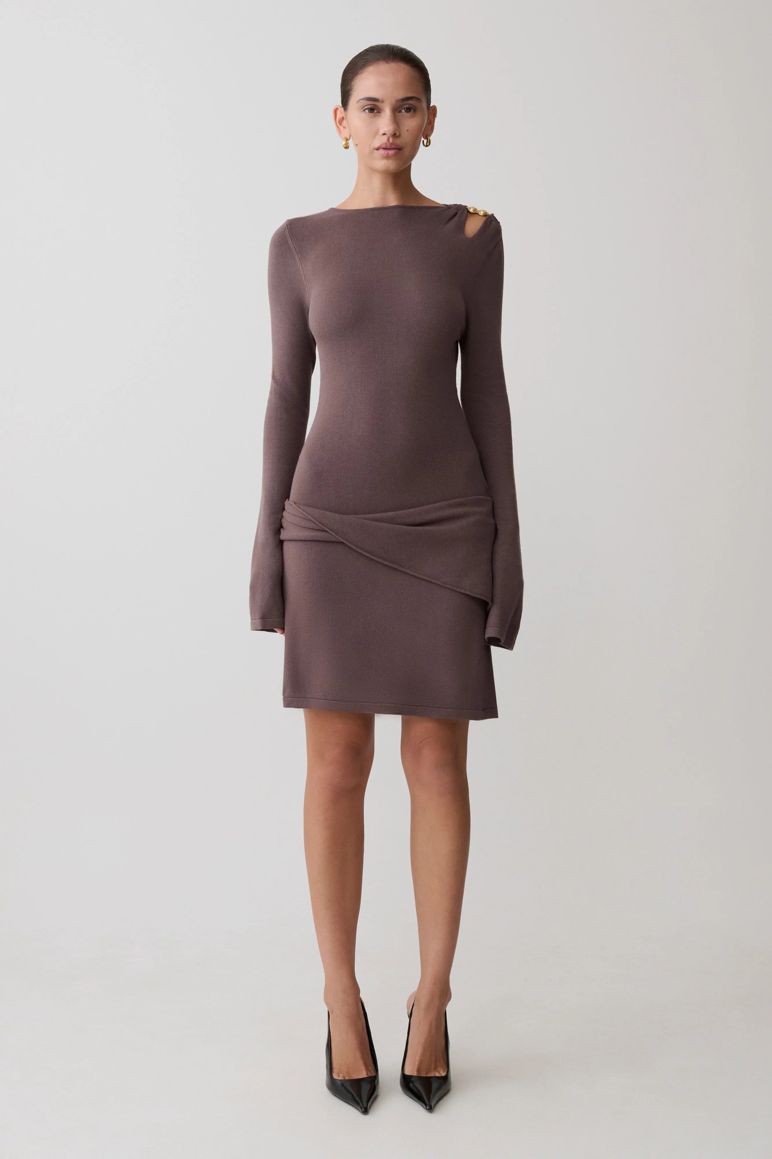 Cresida Knit Long Sleeve Mini Dress With Hardware Peppercorn
