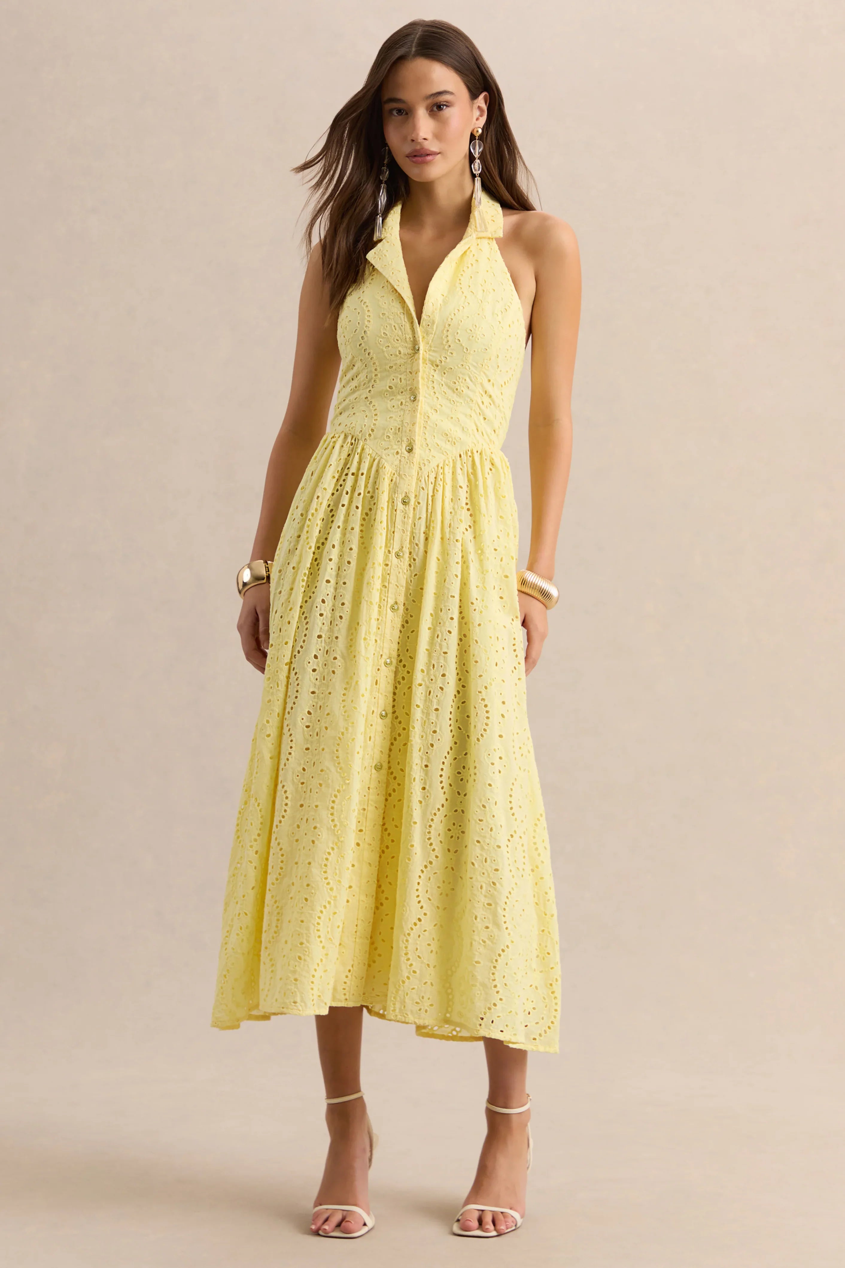 Jezebel Yellow Lace Plunge Neck Collared Midi Dress