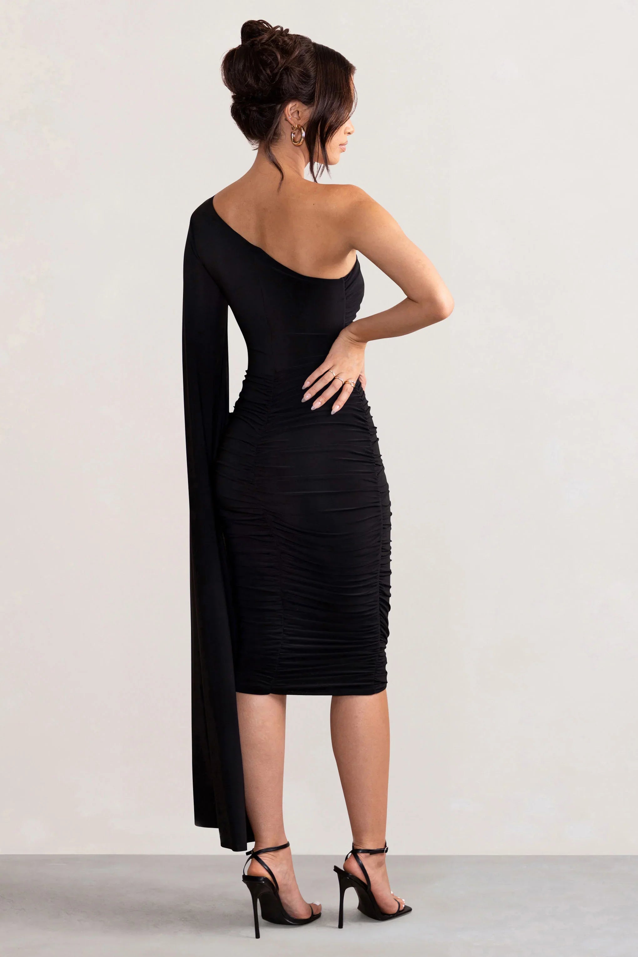 Yara Black One Shoulder Cape Ruched Midi Dress