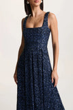 Lima Navy Sequin Square Neck A Line Midi Dress